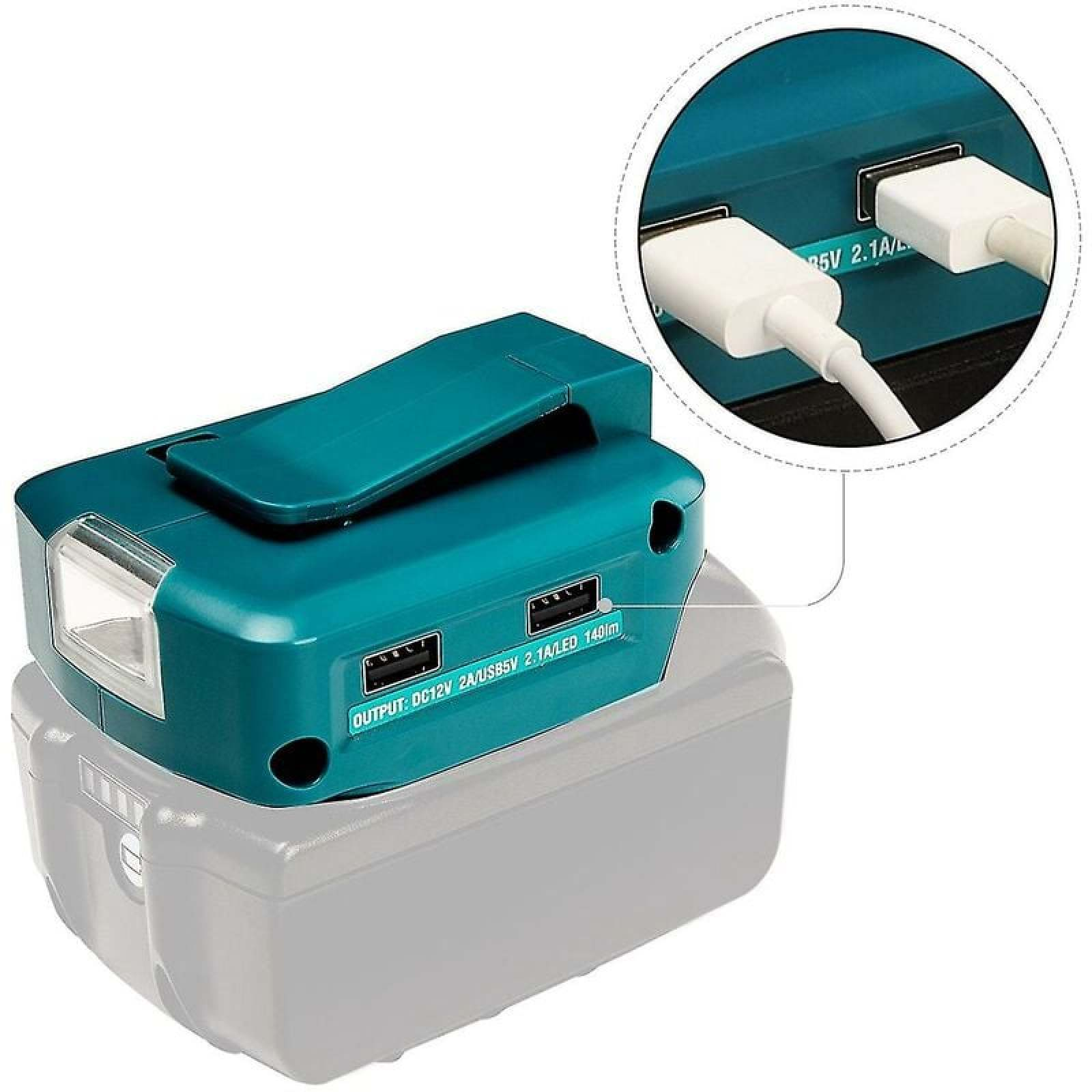 Türkiser Akku-Adapter mit USB-Anschlüssen und LED-Leuchte.