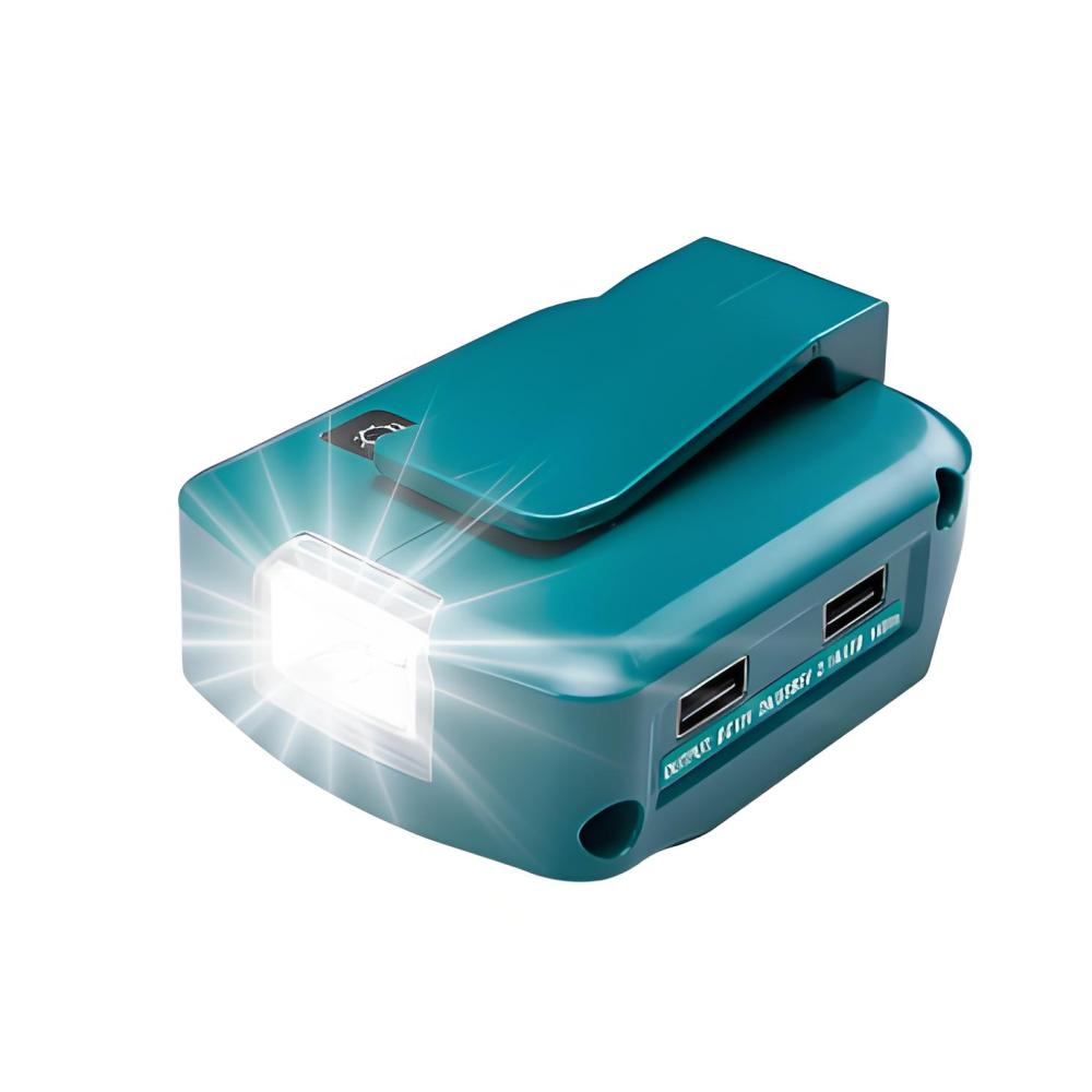 Türkise Taschenlampe mit Clip, zwei USB-Anschlüssen und beleuchteter Linse.