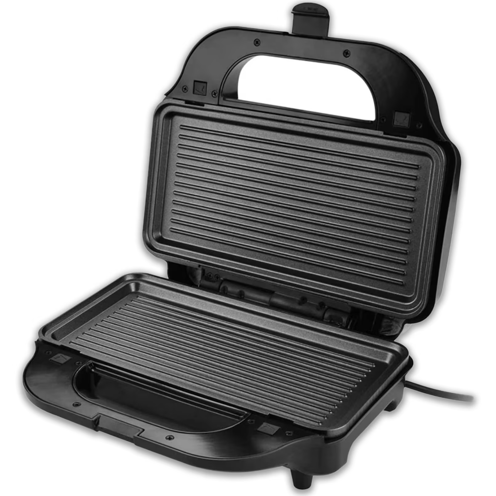 Ein offener schwarzer Kontaktgrill mit geriffelten Platten und einem Griff.