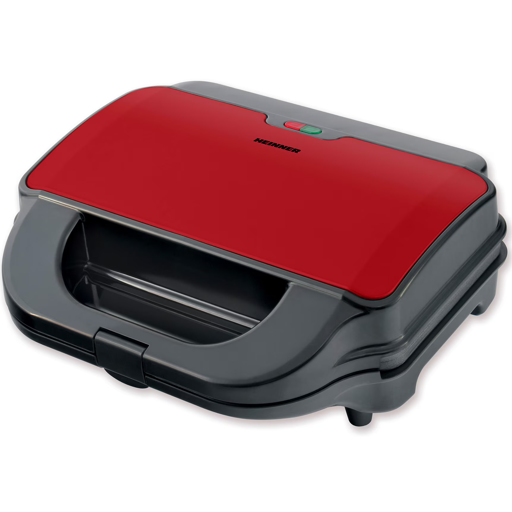 Ein roter und grauer Sandwichmaker mit einem Hebel und zwei Kontrollleuchten.