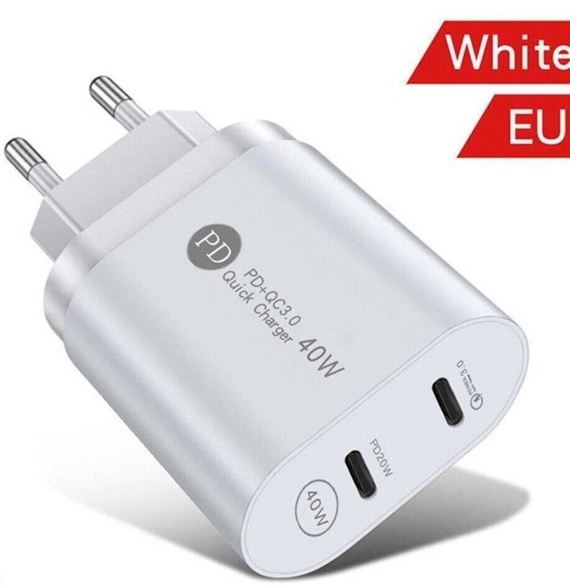 Weißes PD+QC3.0 Schnellladegerät 40W mit zwei USB-C-Anschlüssen.