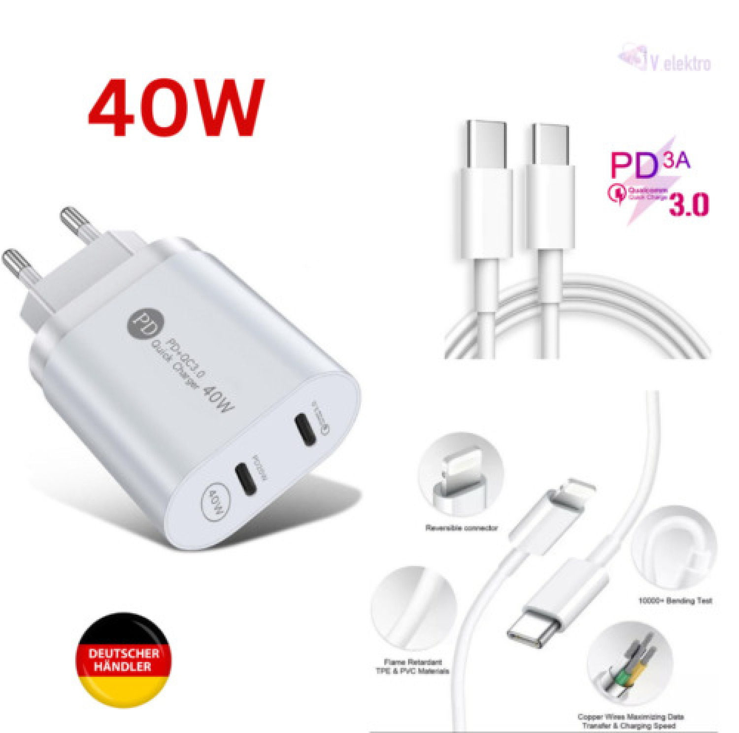 Ein weißes 40W PD-Ladegerät mit zwei USB-C-Anschlüssen und Kabeln.