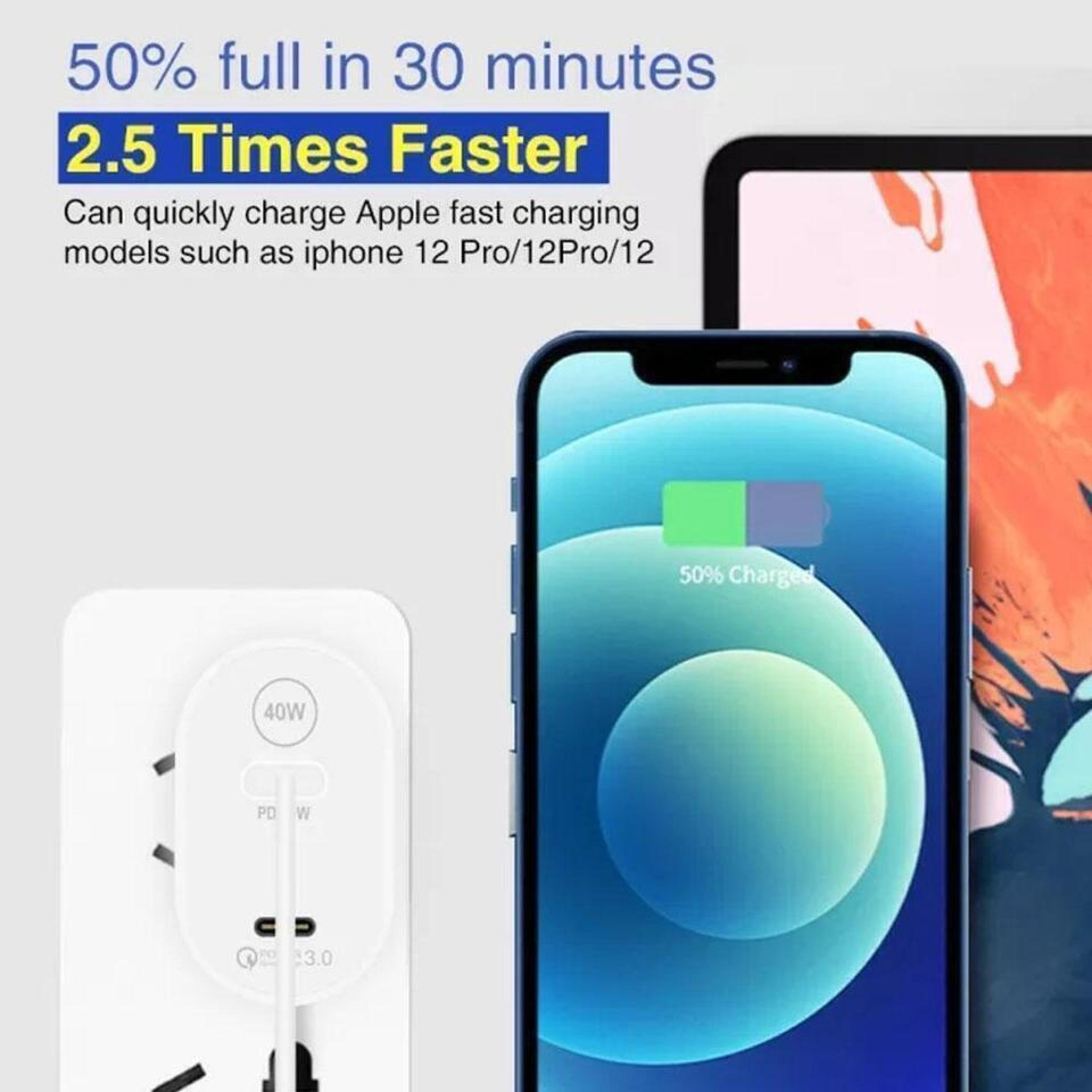 Ein weißes Ladegerät mit einem iPhone, das zu 50 % aufgeladen ist.