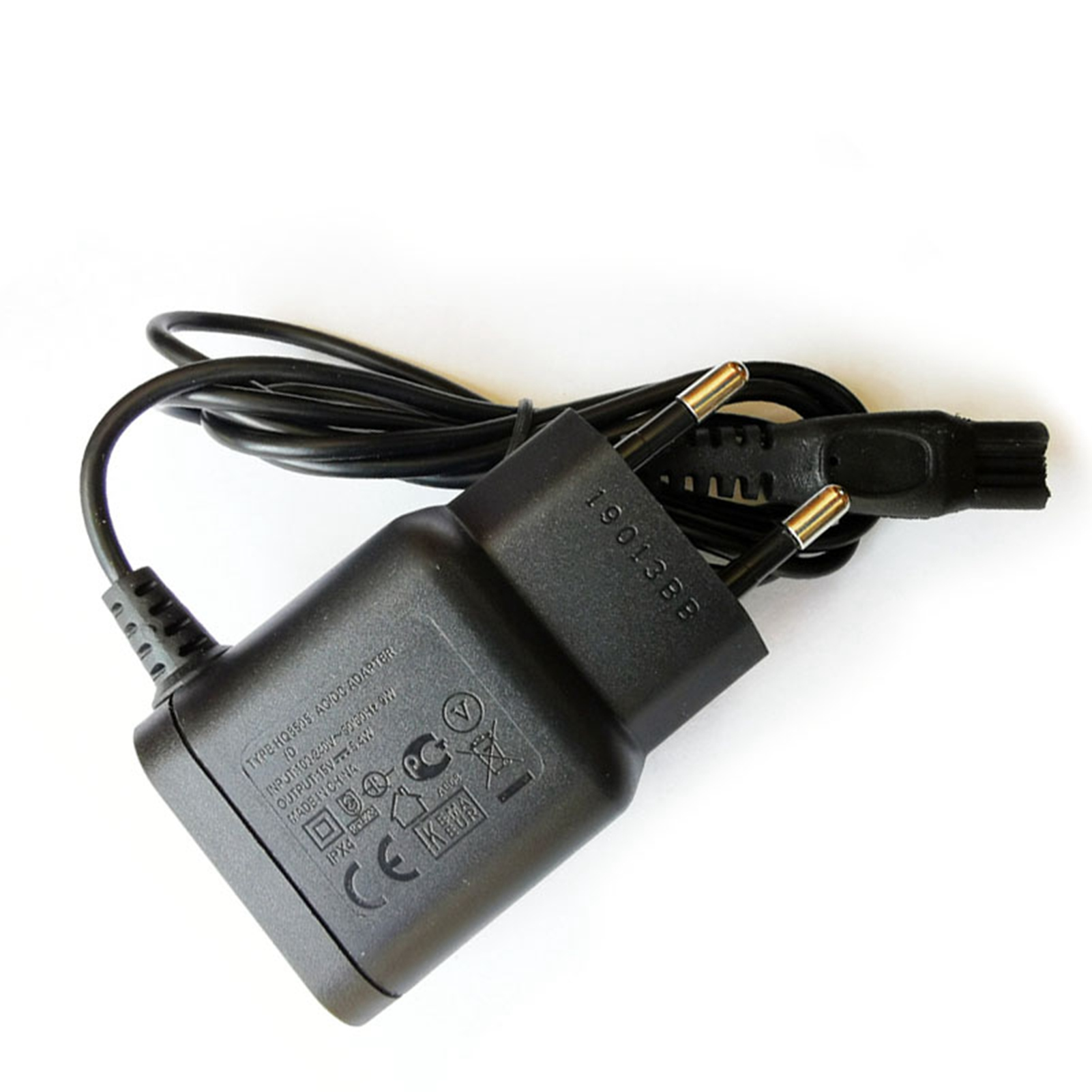 Schwarzes Netzteil mit Kabel und Stecker, Modell HQ8505, für 100-240V.