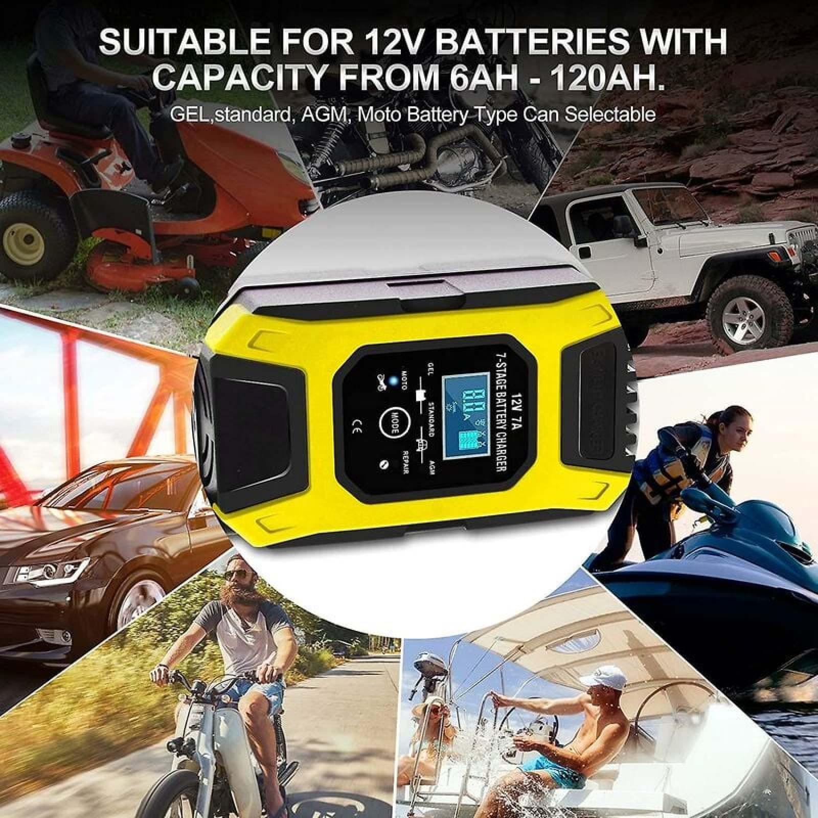 Gelbes Ladegerät für 12V Batterien, zeigt verschiedene Fahrzeuge an.