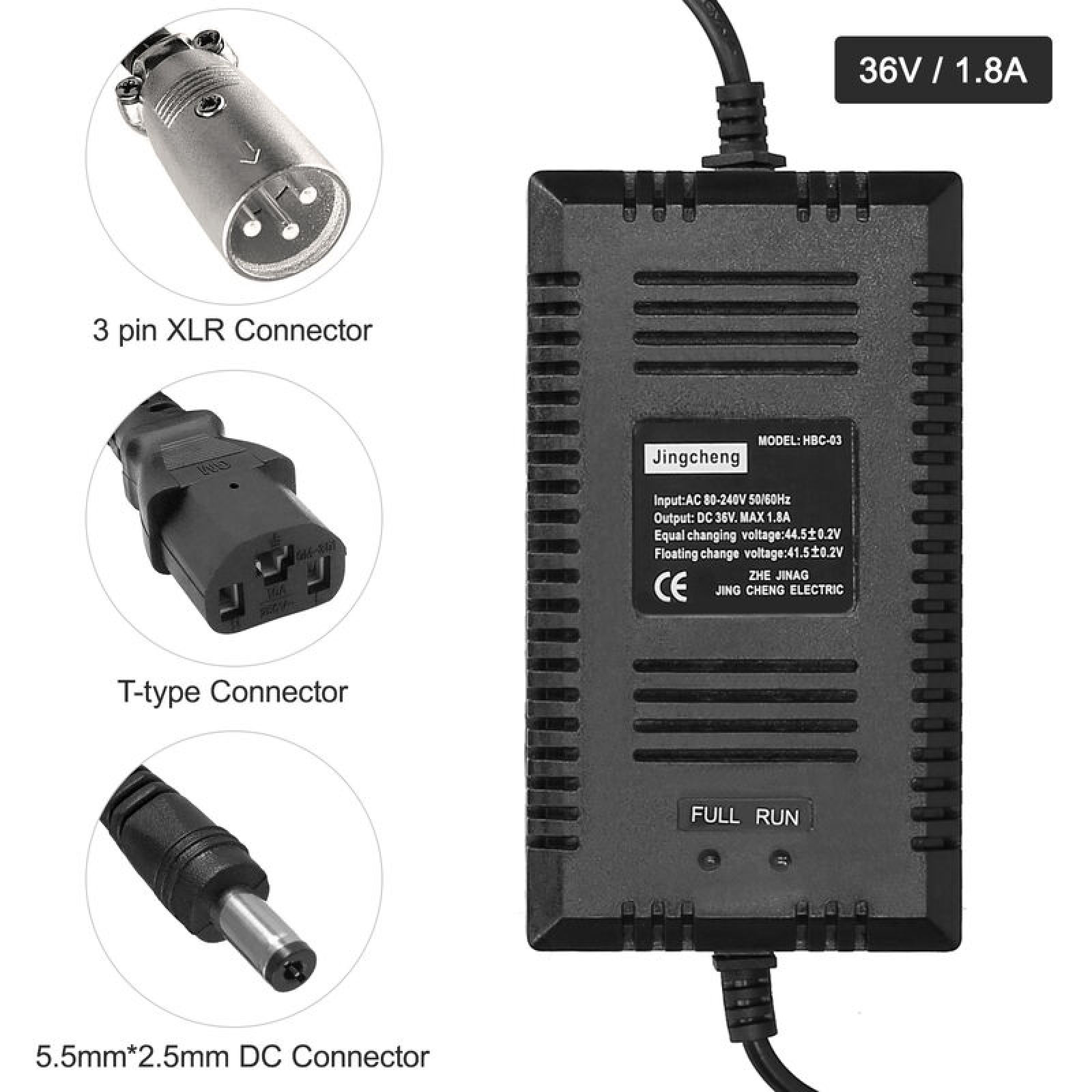 Ein 36V 1,8A Ladegerät mit 3-Pin-XLR-, T-Typ- und 5,5*2,5mm-DC-Anschlüssen.