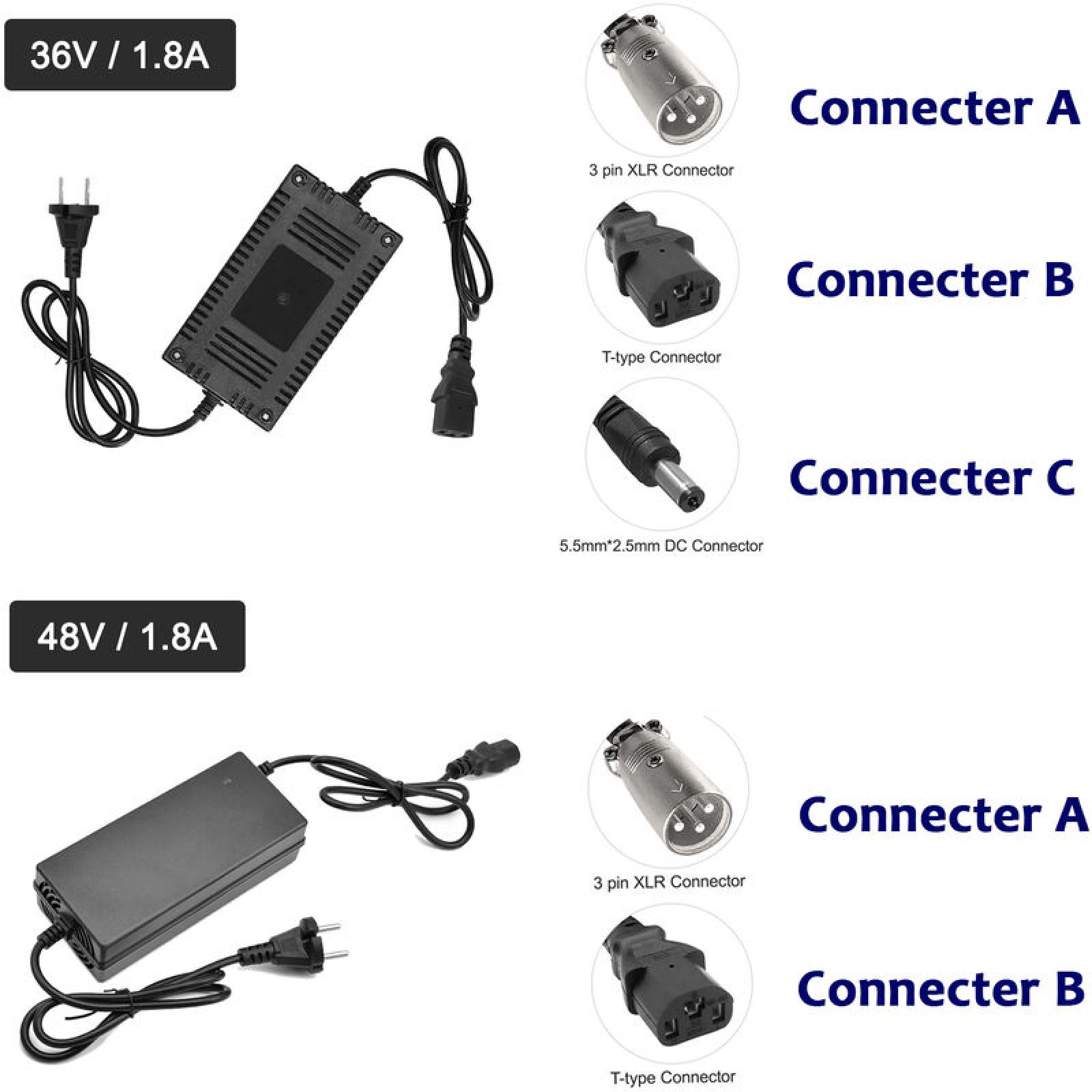 36V/1.8A Ladegerät mit XLR- & T-Steckern und 48V/1.8A Ladegerät.