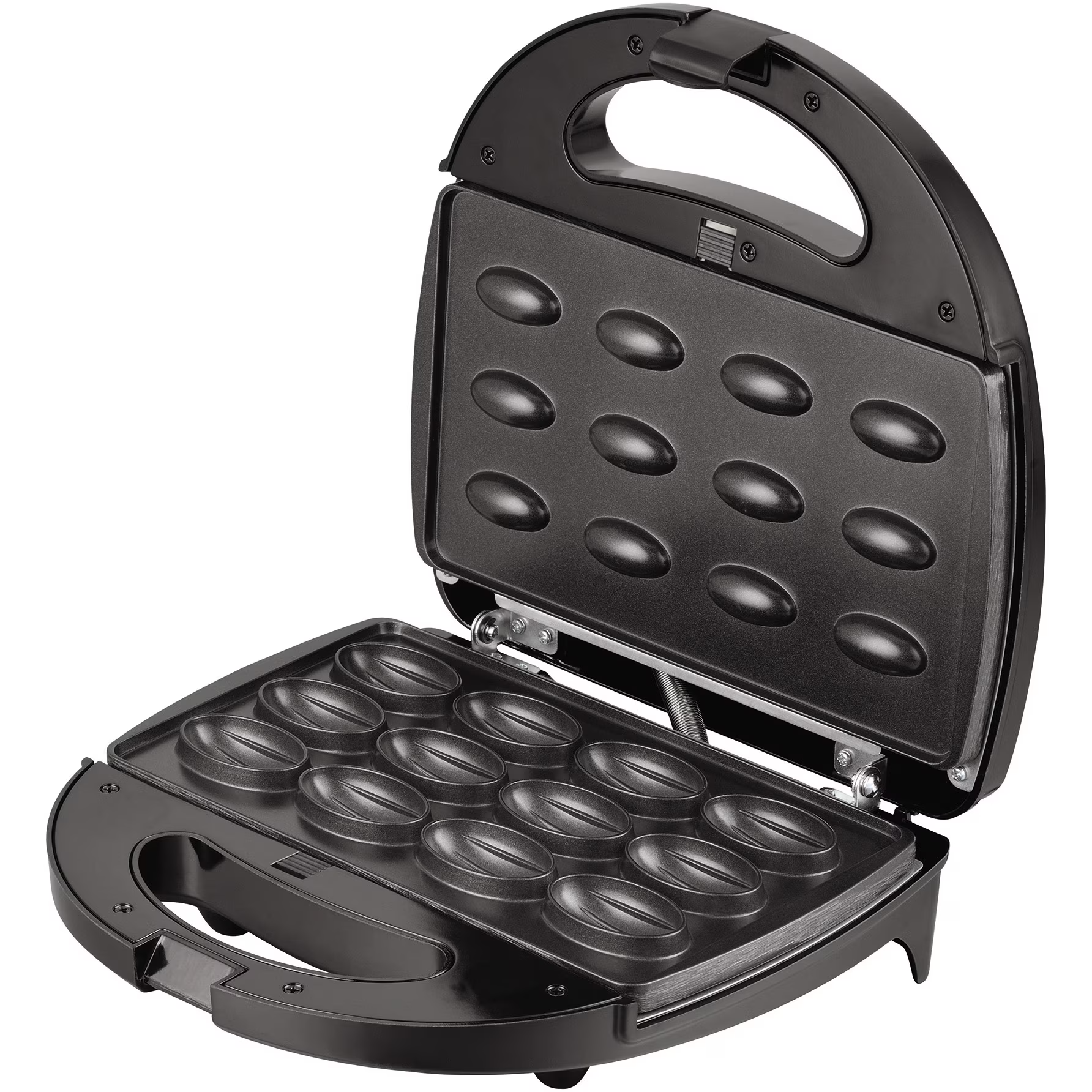 Offener schwarzer Waffelautomat mit 16 ovalen Backformen.