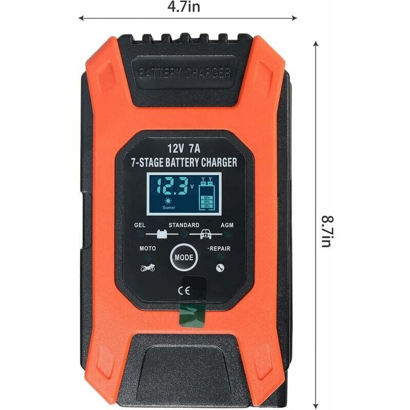 Orange und schwarzes 7-Stufen-Batterieladegerät mit Digitalanzeige. Maße 4,7 x 8,7 Zoll.