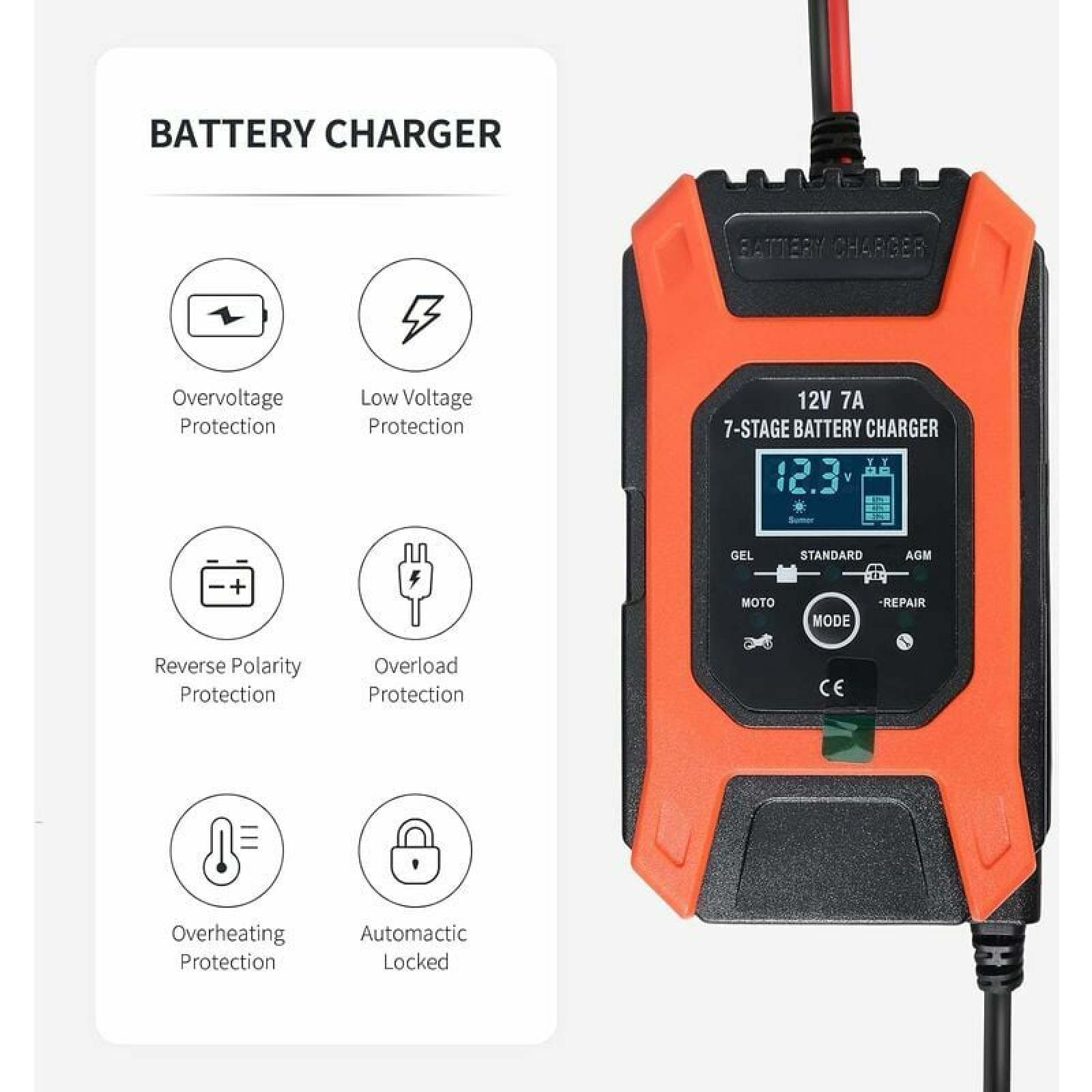 Orange und schwarzes Batterieladegerät mit LCD-Display und Symbolen für Schutzfunktionen.