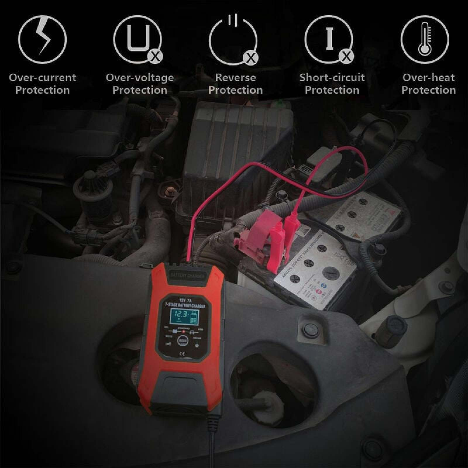 Ein rotes und schwarzes Ladegerät ist an eine Autobatterie angeschlossen.