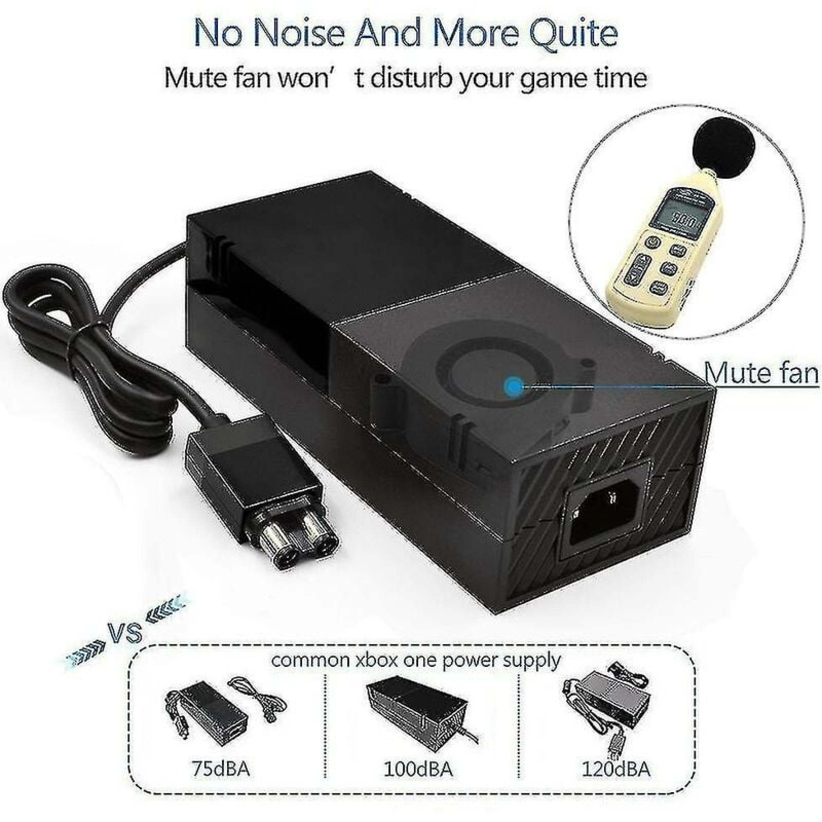 Ein schwarzes Xbox One Netzteil mit Kabel und ein Schallpegelmesser. Unten sind drei Netzteile mit Dezibel-Angaben.