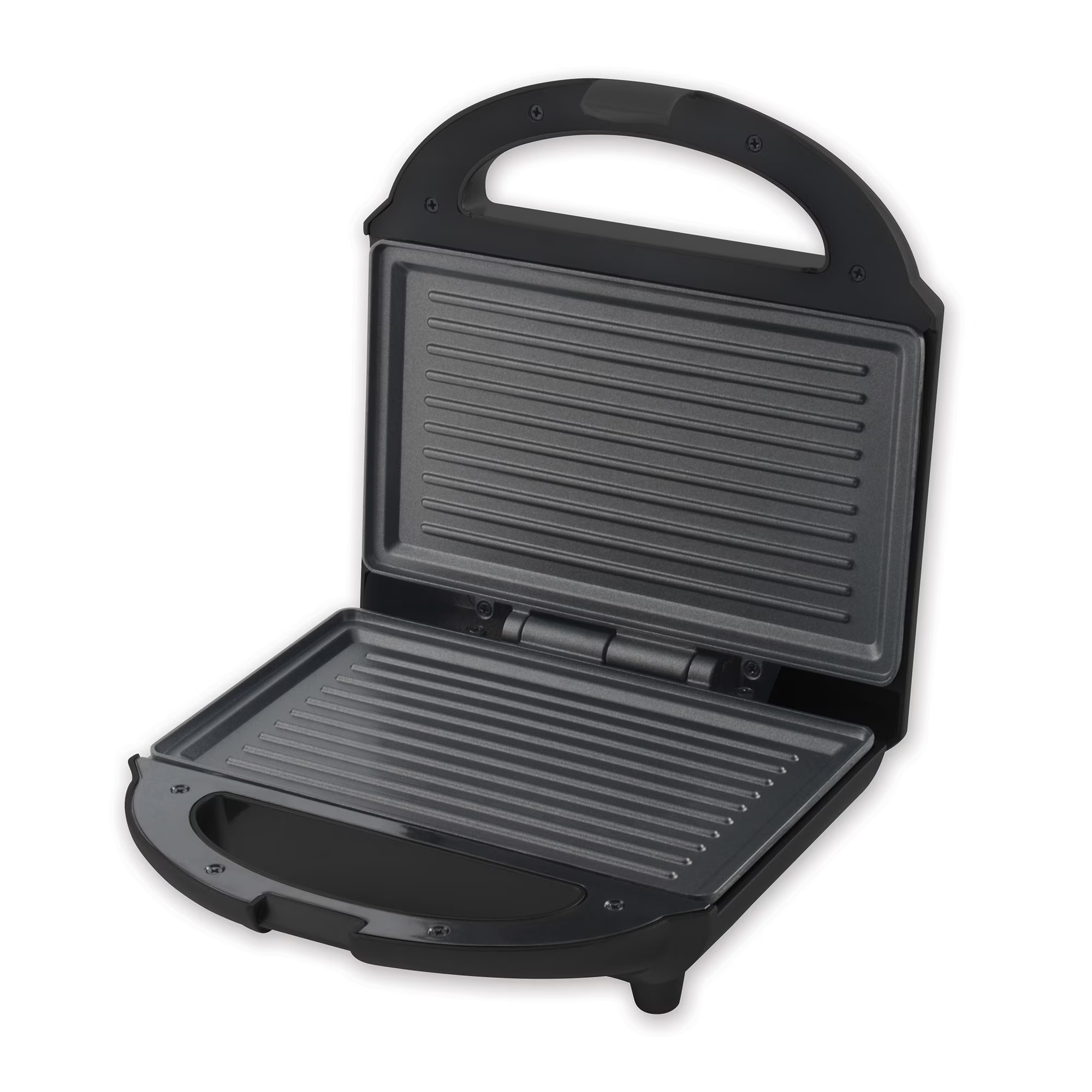 Een open zwarte contactgrill met geribbelde verwarmingsplaten en een handvat.