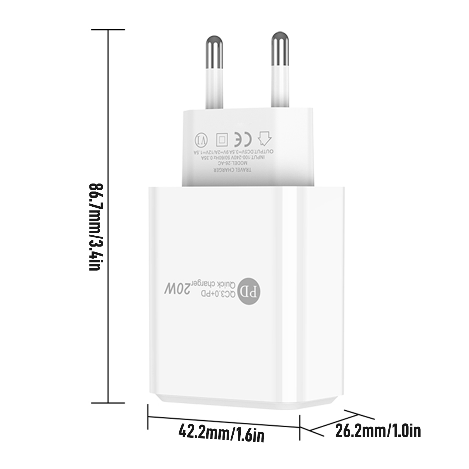 Ein weißer Schnellladegerät mit PD und QC3.0-Technologie, 20W.