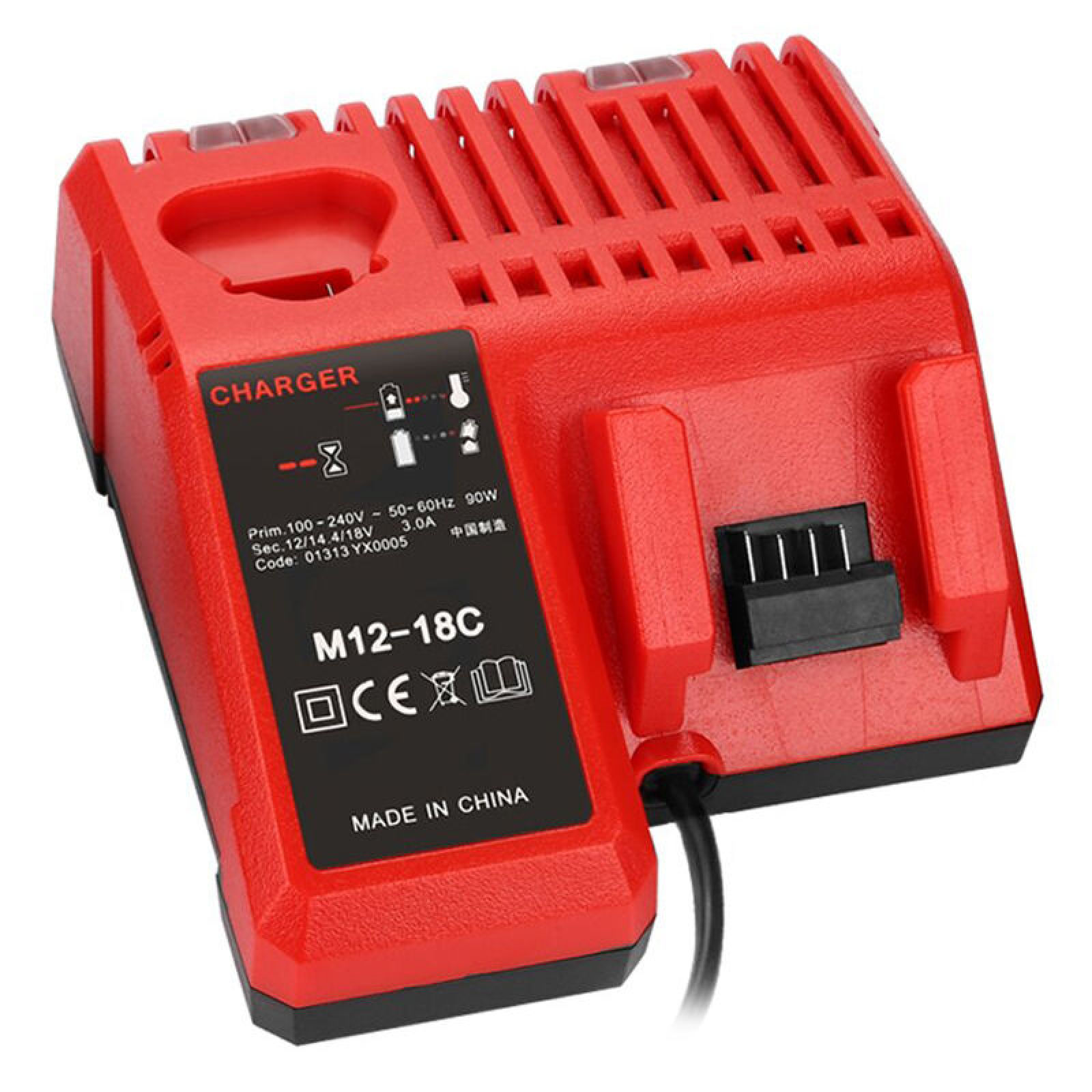 Ein rotes Ladegerät mit schwarzen Details und technischen Informationen.