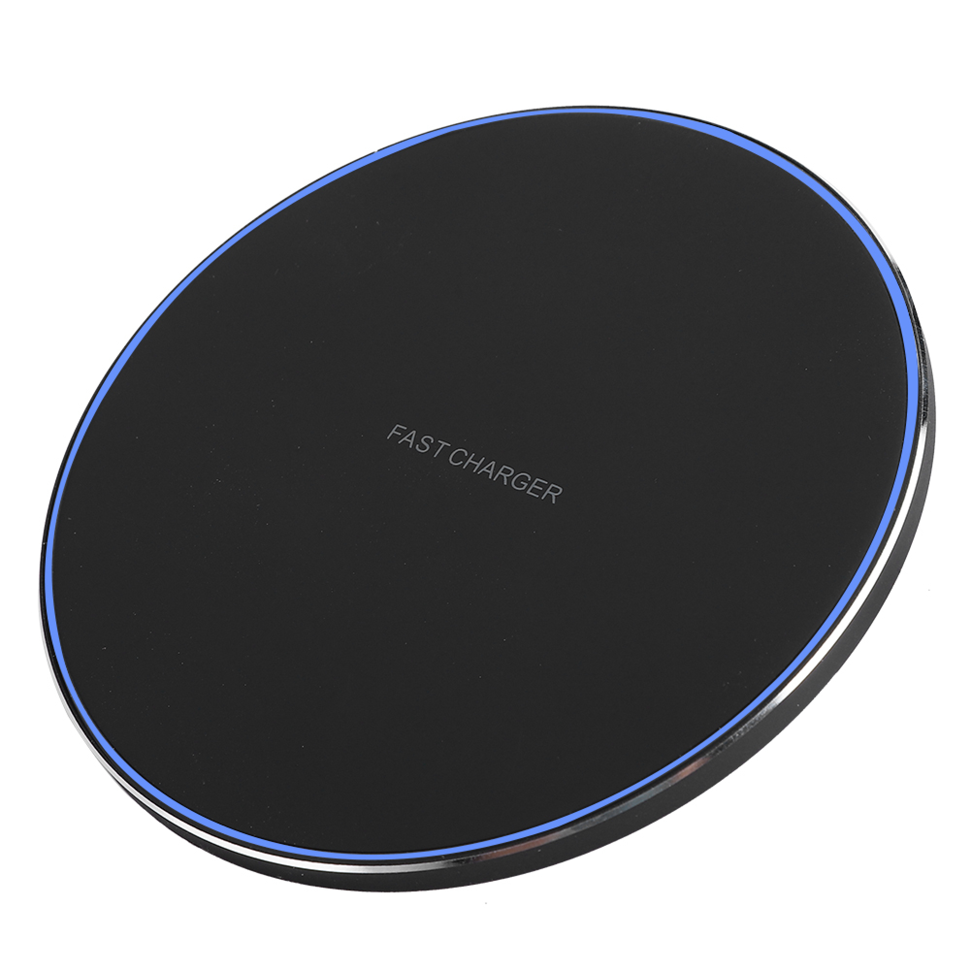 Schwarze runde Ladeplatte mit blauer Umrandung und der Aufschrift "Fast Charger".