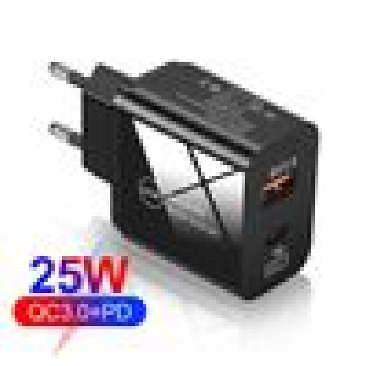Schwarzer 25W USB-C PD Netzstecker mit zwei USB-Anschlüssen.