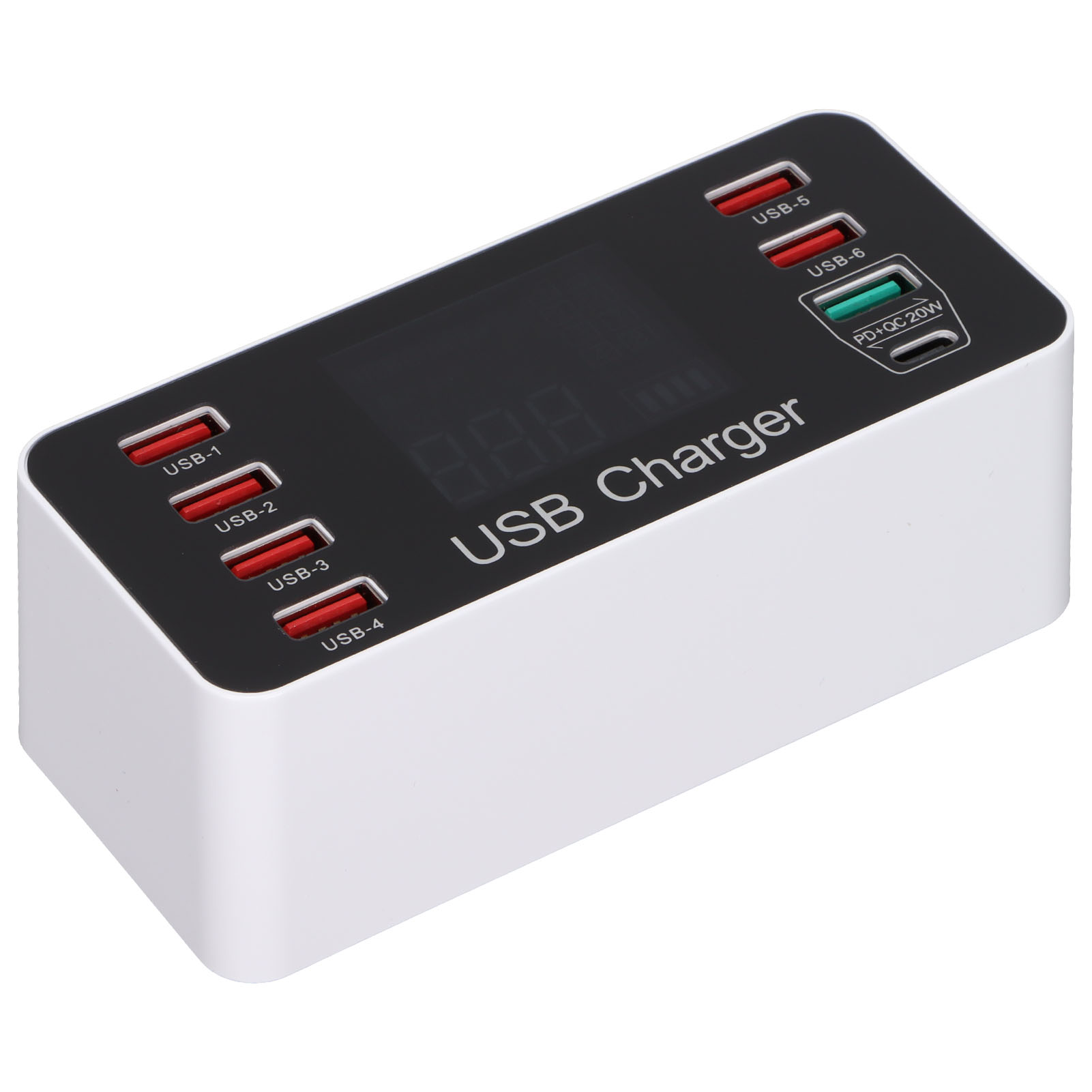 Ein weißer USB-Ladegerät mit mehreren Anschlüssen und einem digitalen Display.