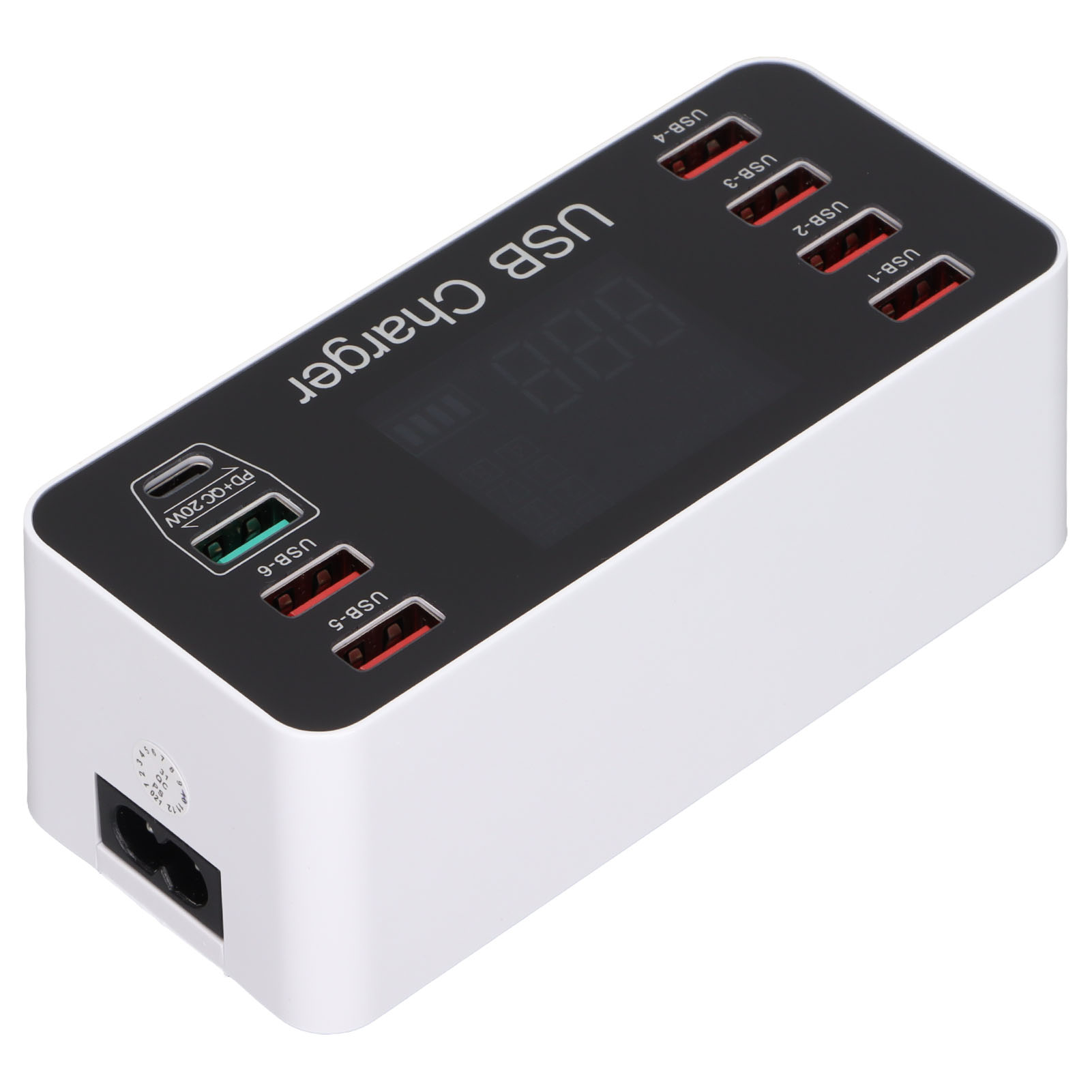 Weißes USB-Ladegerät mit 6 Anschlüssen, Digitalanzeige und Stromeingang.