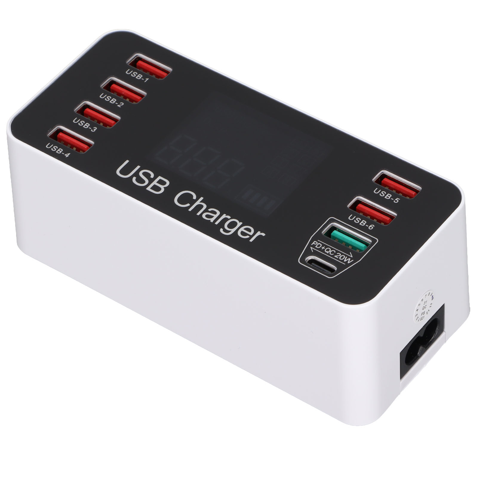 Weißes USB-Ladegerät mit 6 Anschlüssen und digitaler Anzeige.