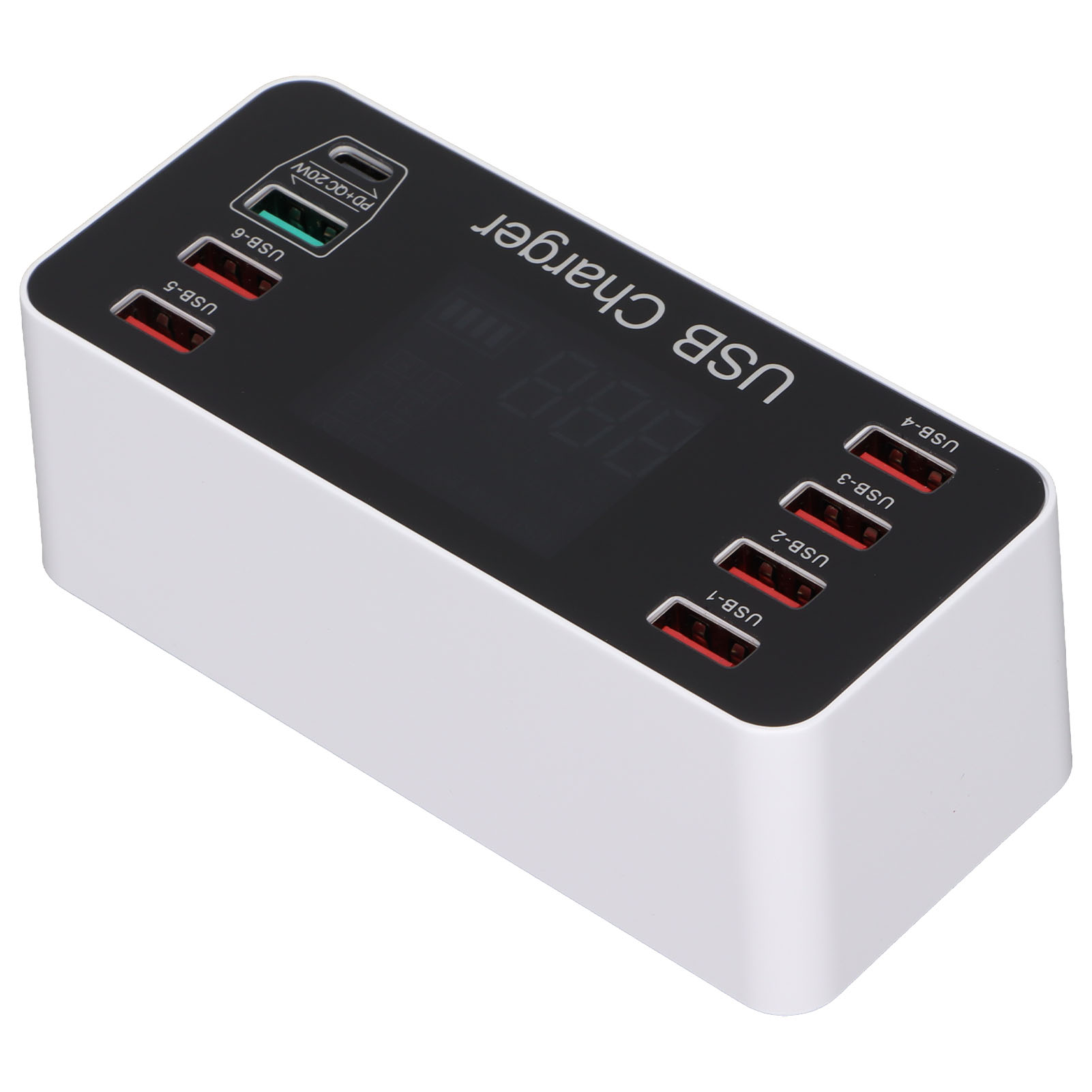 Ein weißes USB-Ladegerät mit mehreren Anschlüssen und einem digitalen Display.