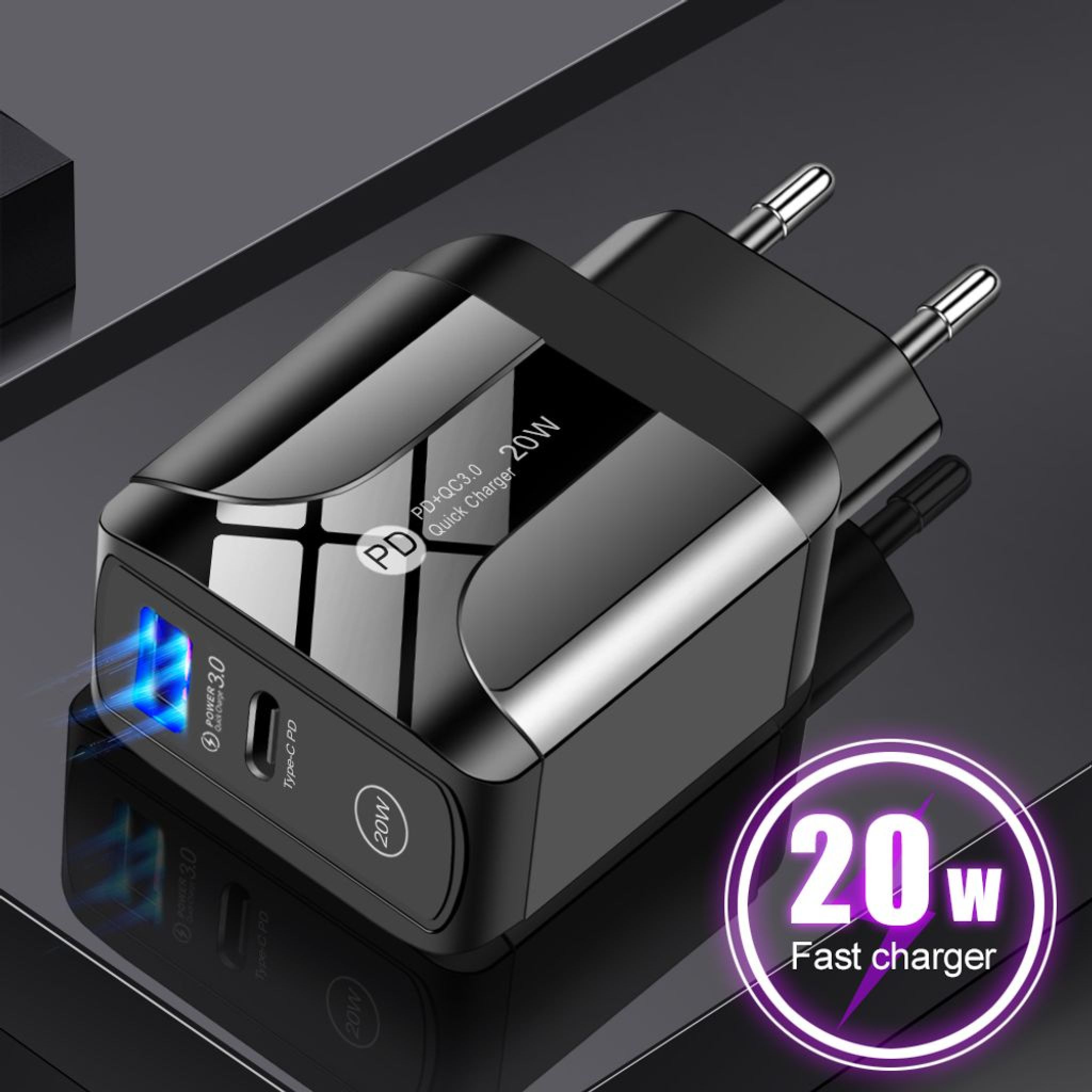 Schwarzes Schnellladegerät mit 20W, PD und QC3.0, blau leuchtend.