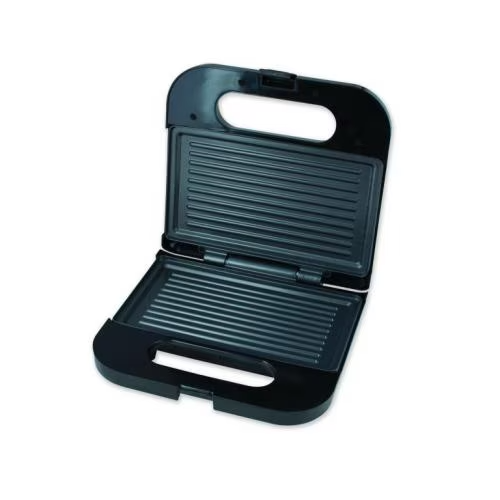Un appareil à sandwich noir ouvert avec plaques de grill striées.