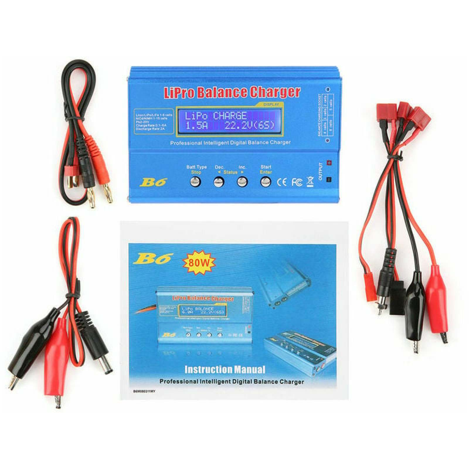 Blaue LiPo-Balancer-Ladegerät mit Kabeln. Enthält Handbuch mit Ladegerät & Batterien.