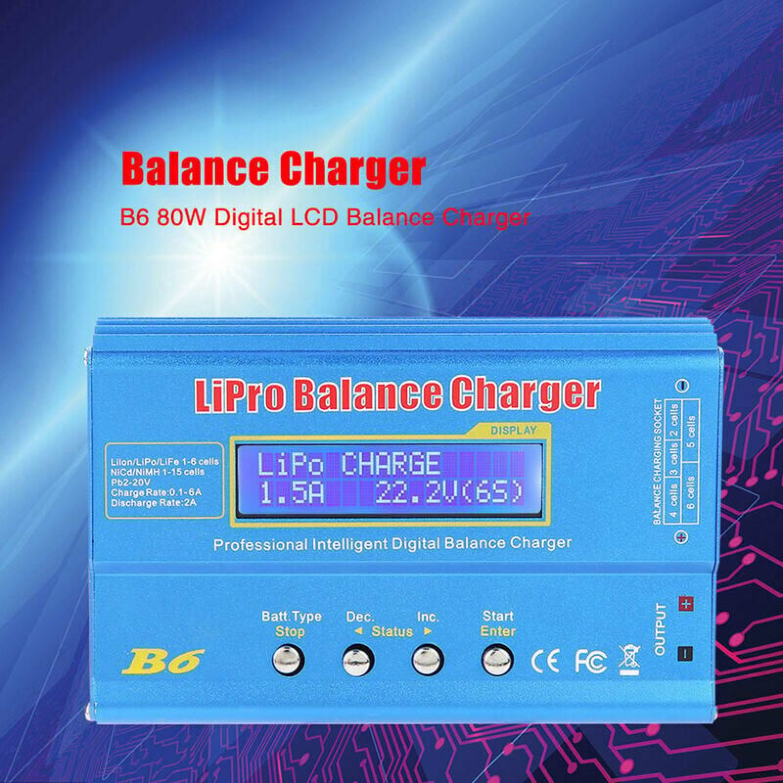 Ein blaues LiPo-Ladegerät mit LCD-Anzeige, das 1,5A und 22,2V anzeigt.
