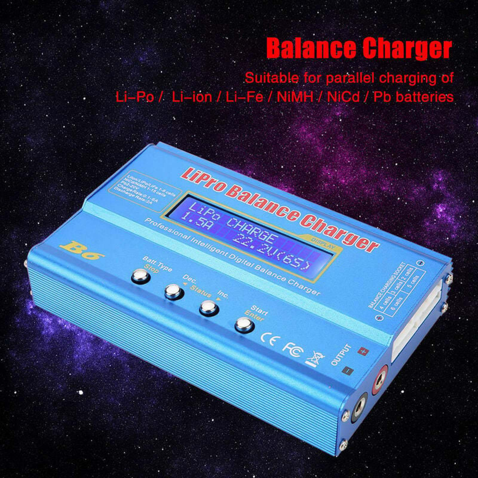 Ein blaues LiPo Balance Ladegerät mit Display und Knöpfen, geeignet für verschiedene Batterietypen.