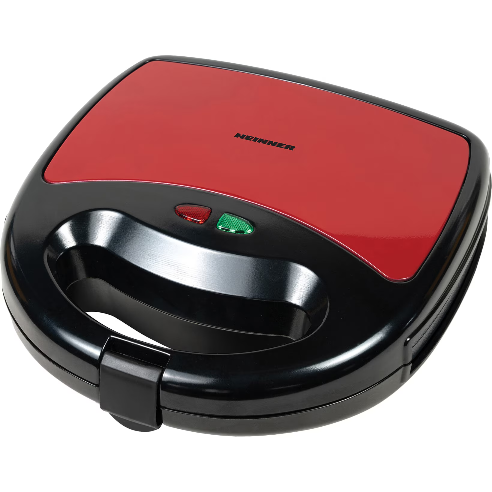 Ein roter und schwarzer Sandwichmaker mit HEINNER-Logo und Lämpchen.