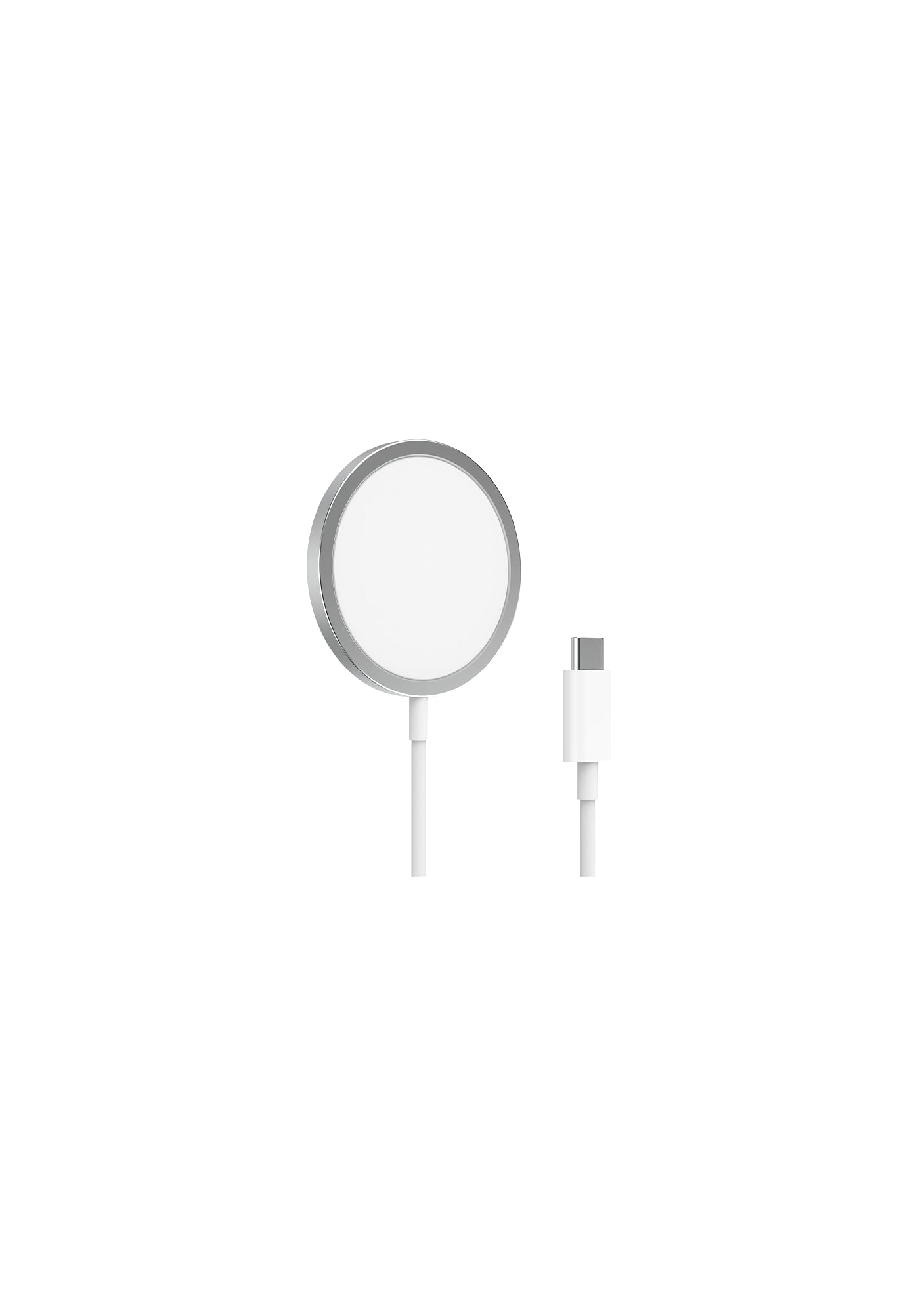 Ein weißes MagSafe-Ladegerät mit silbernem Rand und einem weißen USB-C-Kabel.