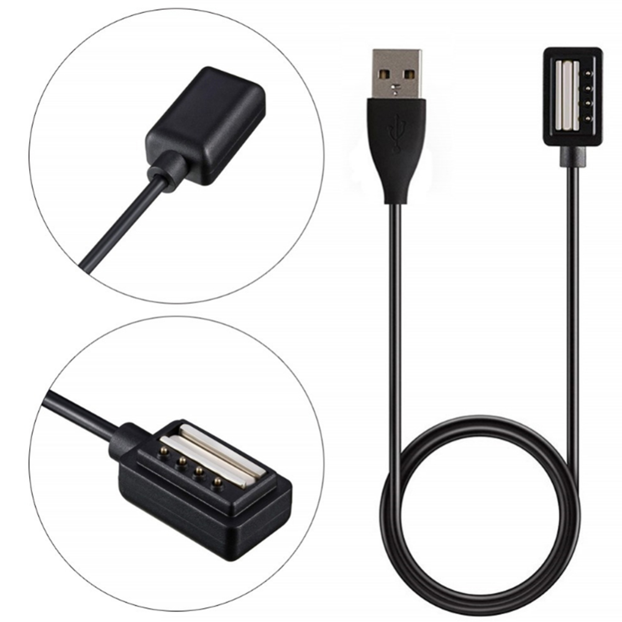 Schwarzes USB-Ladekabel mit Standard-USB-A-Anschluss und magnetischem Ladeanschluss.
