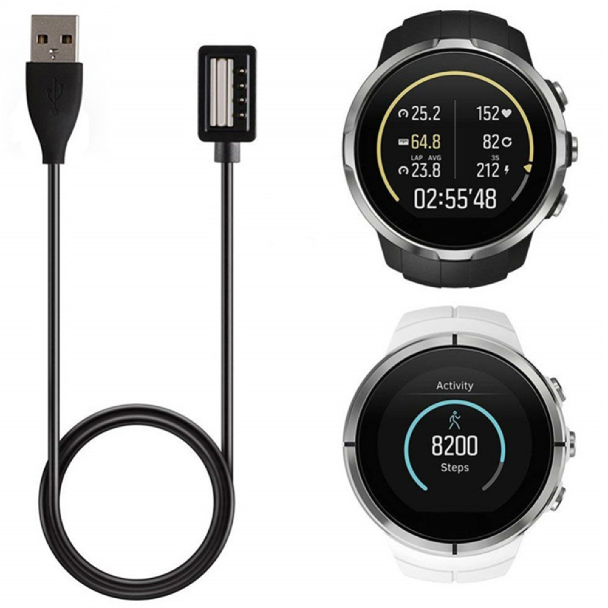 Ein schwarzes USB-Ladekabel und zwei Smartwatches, eine schwarz, eine weiß.