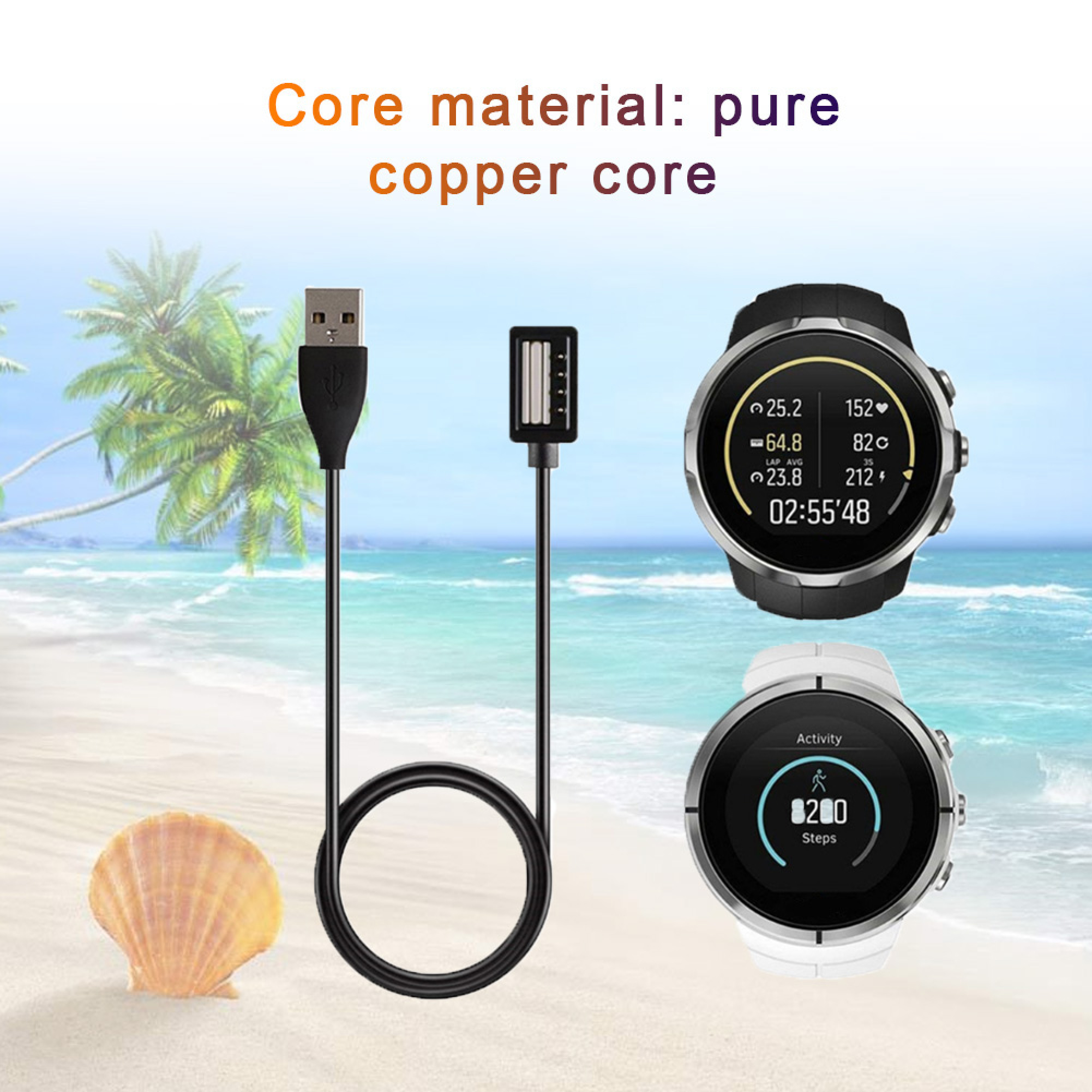 USB-Kabel, Ladeadapter und Smartwatches am Strand mit Palmen.