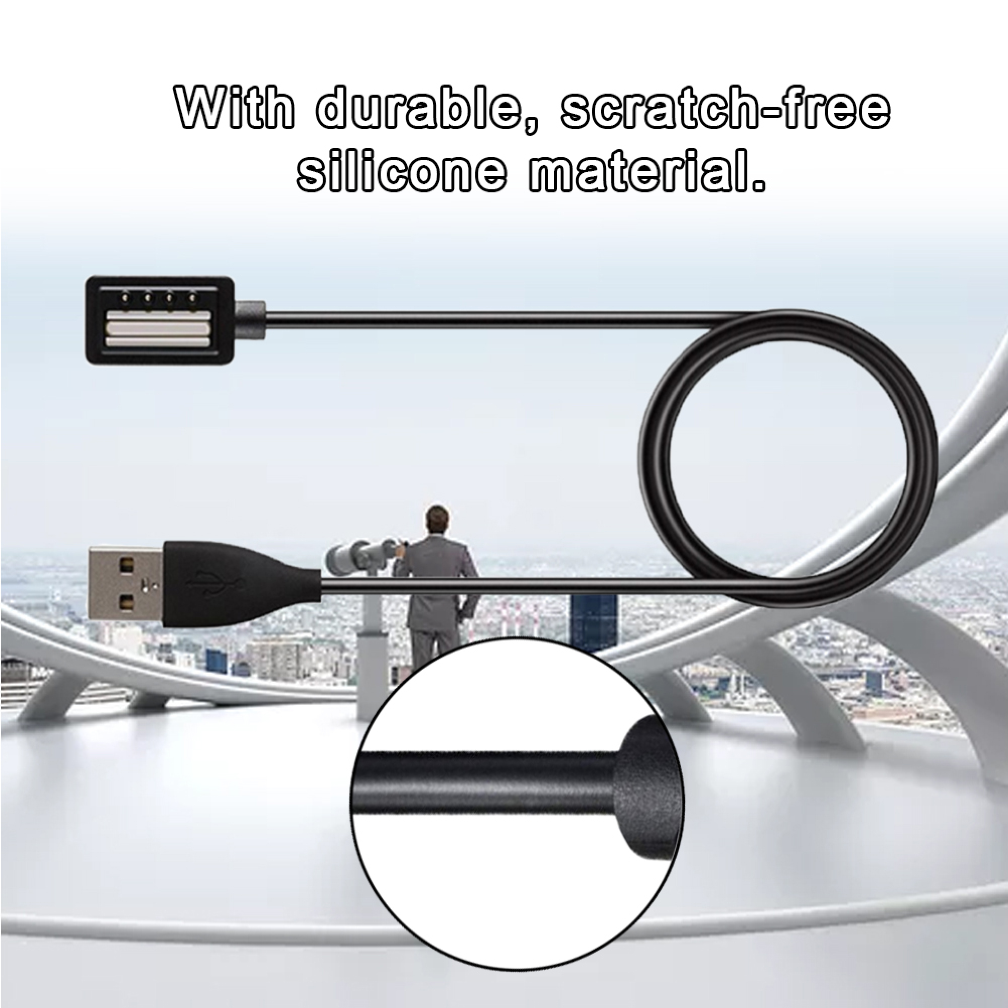 Ein schwarzes USB-Kabel mit einem rechteckigen Anschluss und einem USB-A-Stecker.