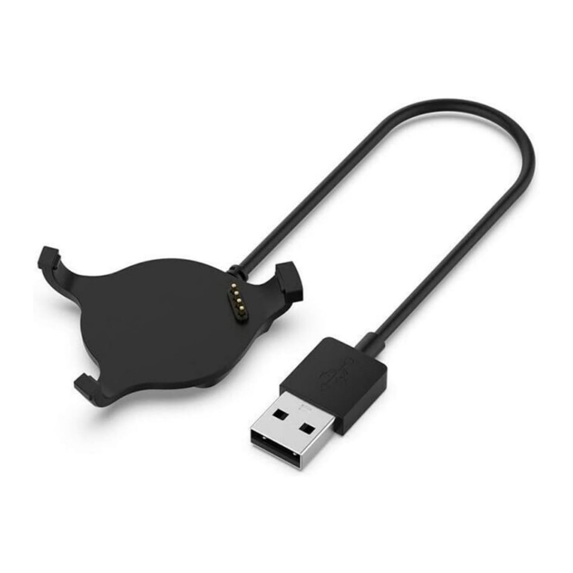 Ein schwarzes USB-Ladekabel mit einem runden Anschluss für ein Wearable.