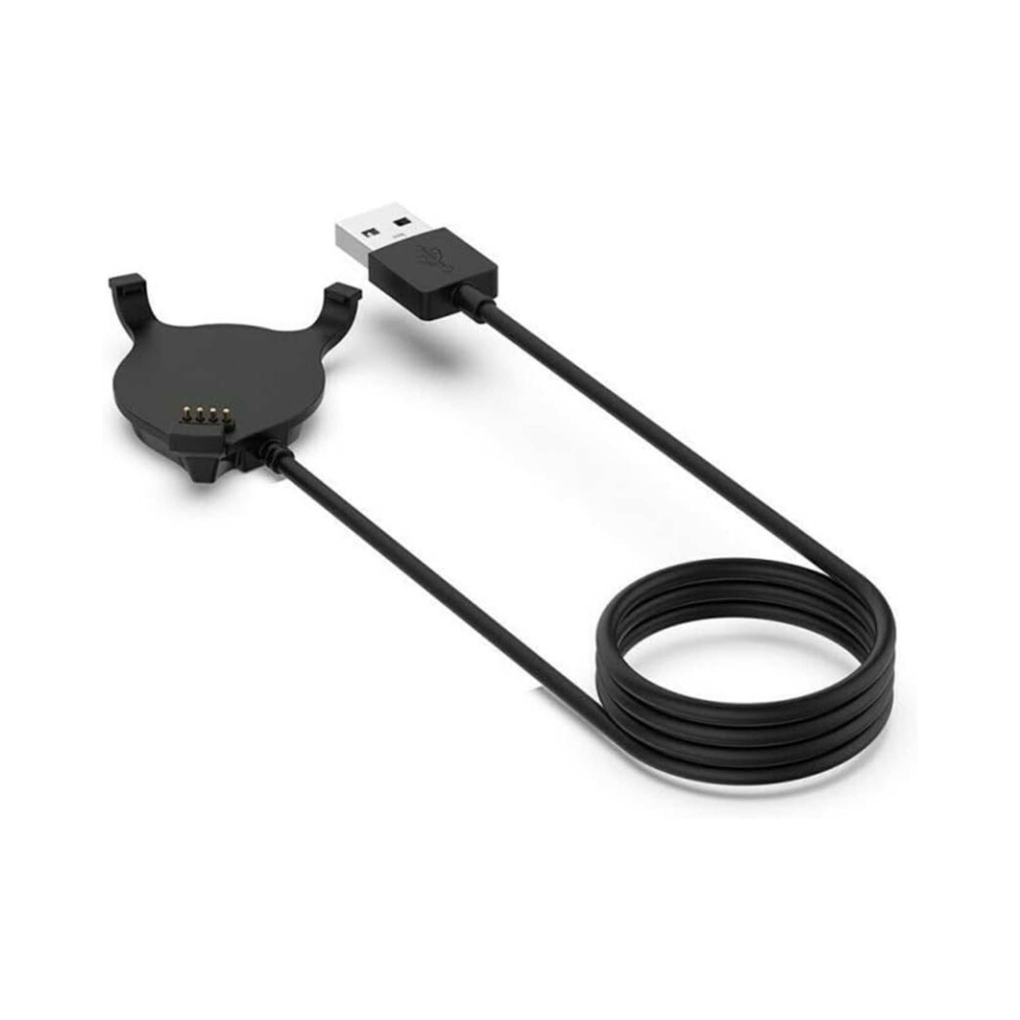 Schwarzes Lade-Dock mit USB-Kabel auf weißem Hintergrund.