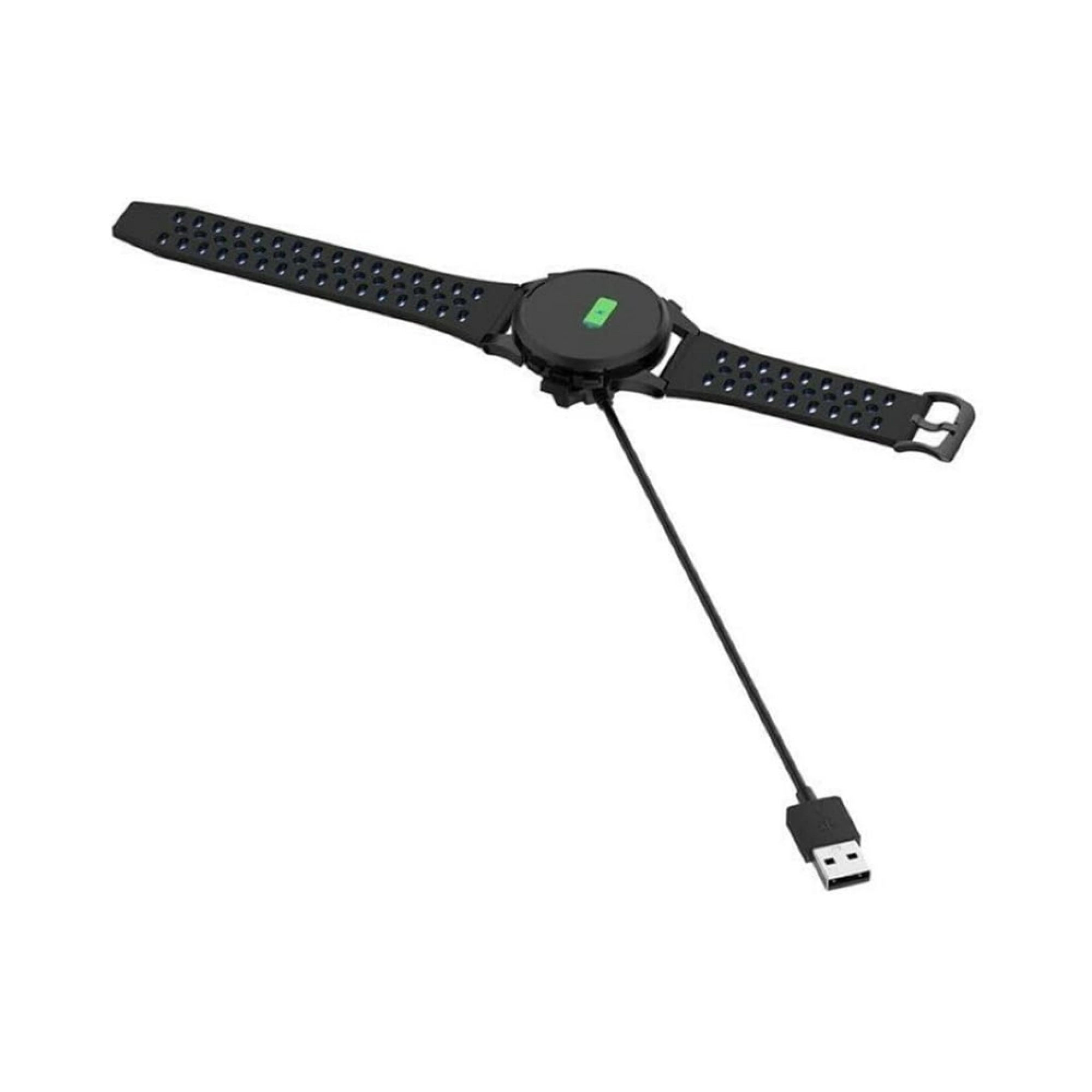 Schwarzes Smartwatch-Armband mit Ladeanschluss und USB-Kabel.