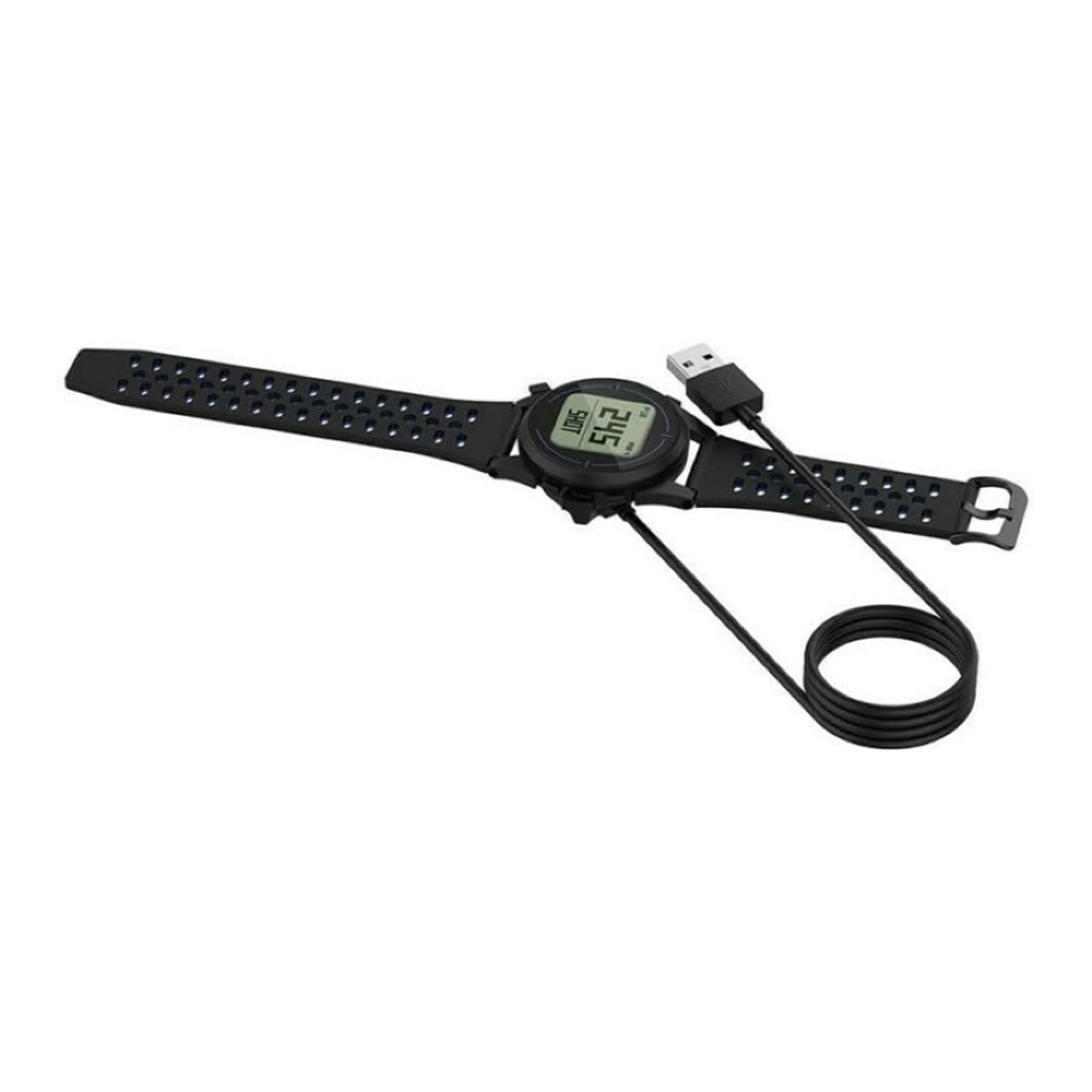 Schwarze Sportuhr mit Ladekabel und USB-Anschluss auf weißem Hintergrund.