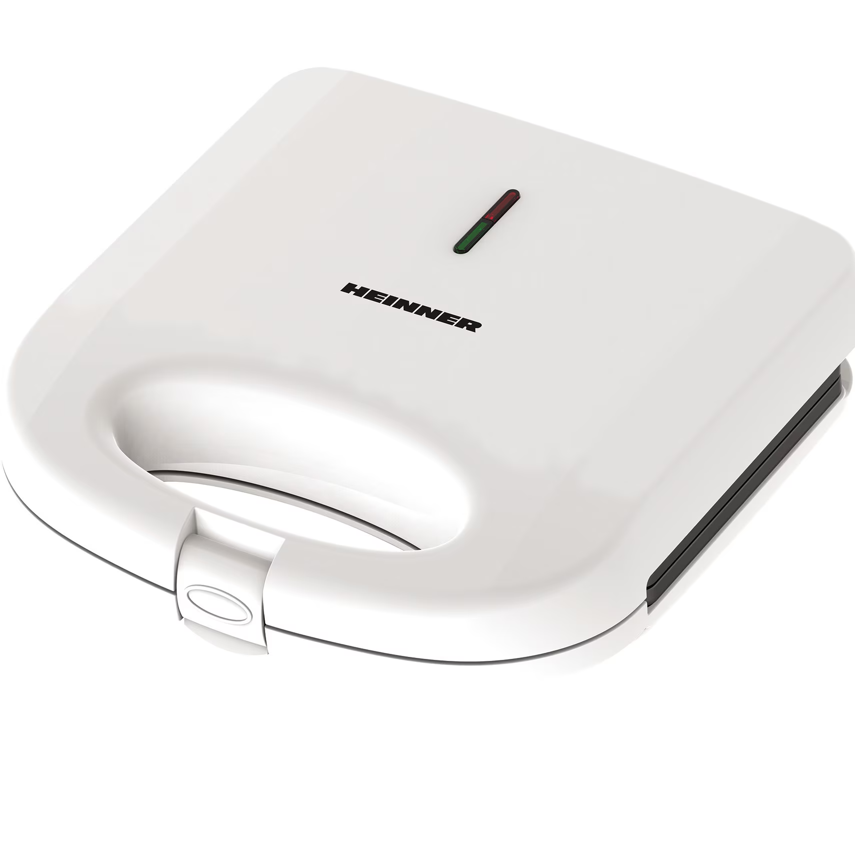 Een witte sandwichmaker met HEINNER-logo en rode/groene indicatielampjes.