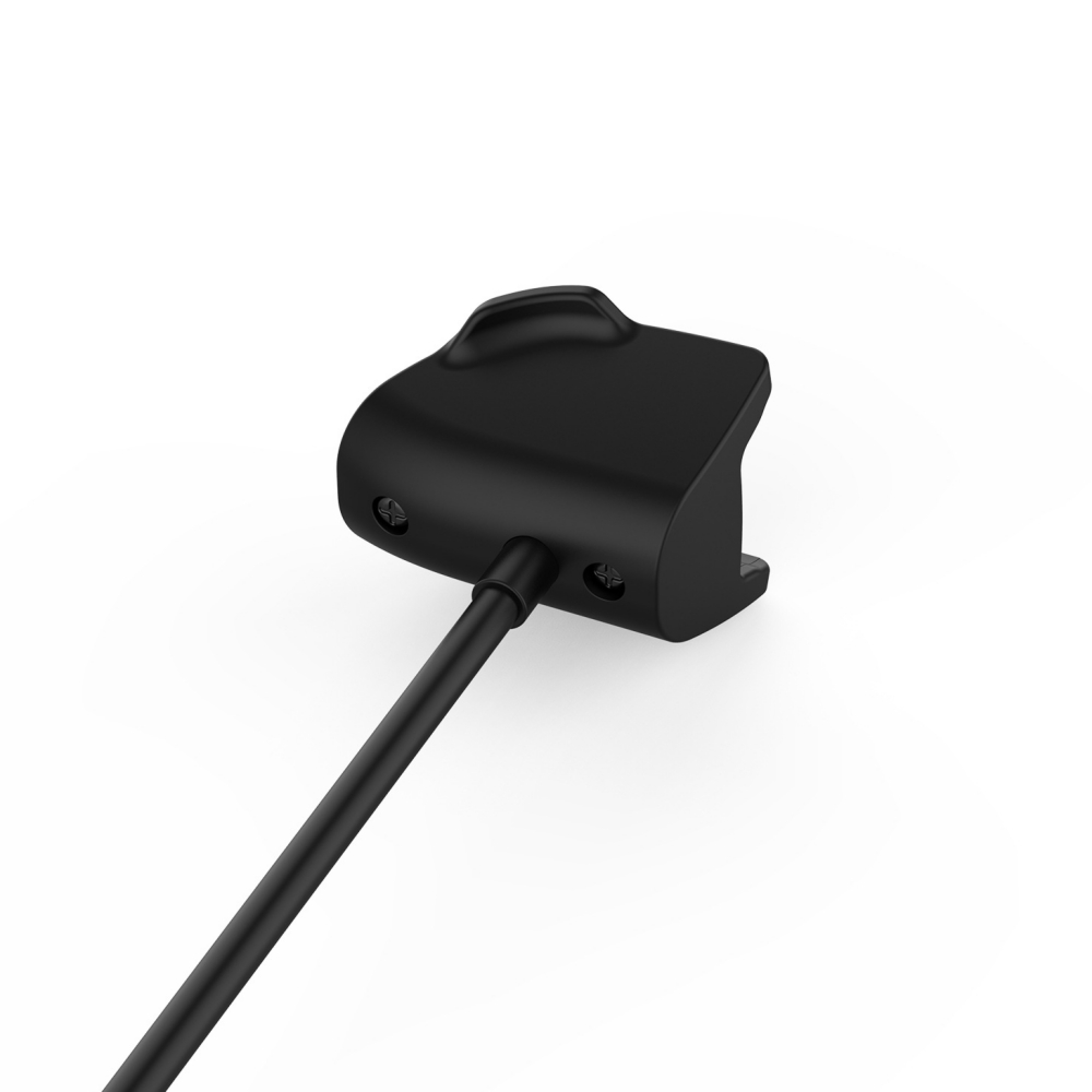 Ein schwarzer Ladeadapter mit Kabel auf weißem Hintergrund.