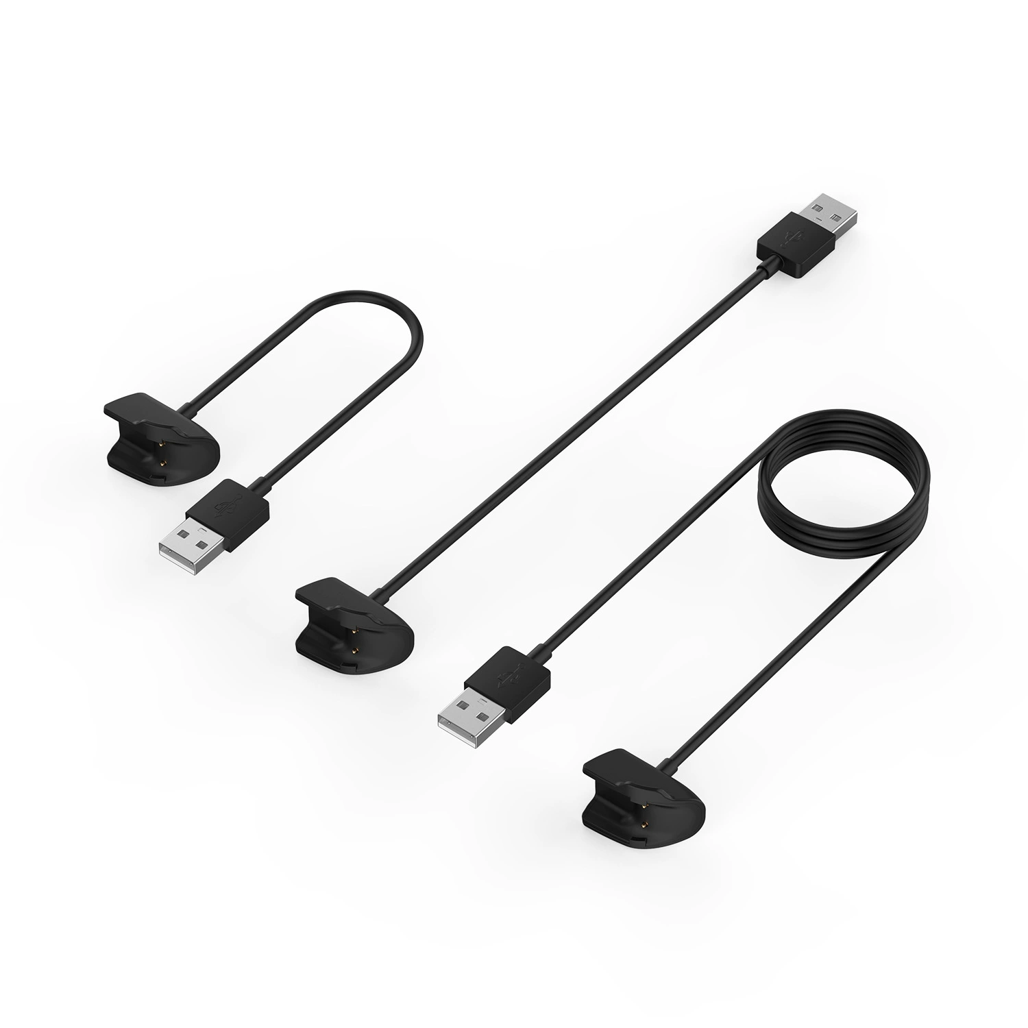 Drei schwarze Ladekabel mit USB-Anschlüssen und Clips liegen auf weißem Hintergrund.