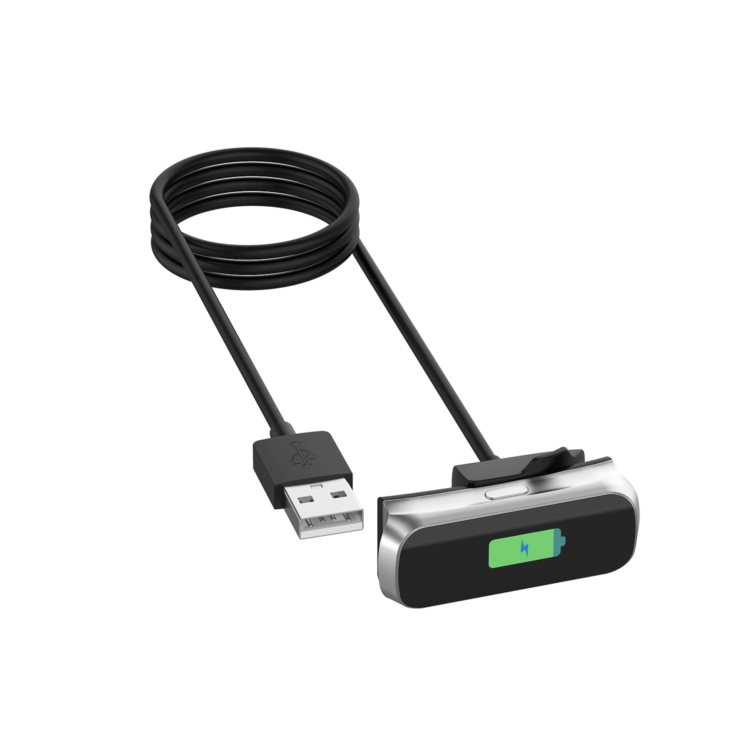 Schwarzes USB-Ladekabel mit einem Ladeclip, der eine grüne Batterieanzeige zeigt.