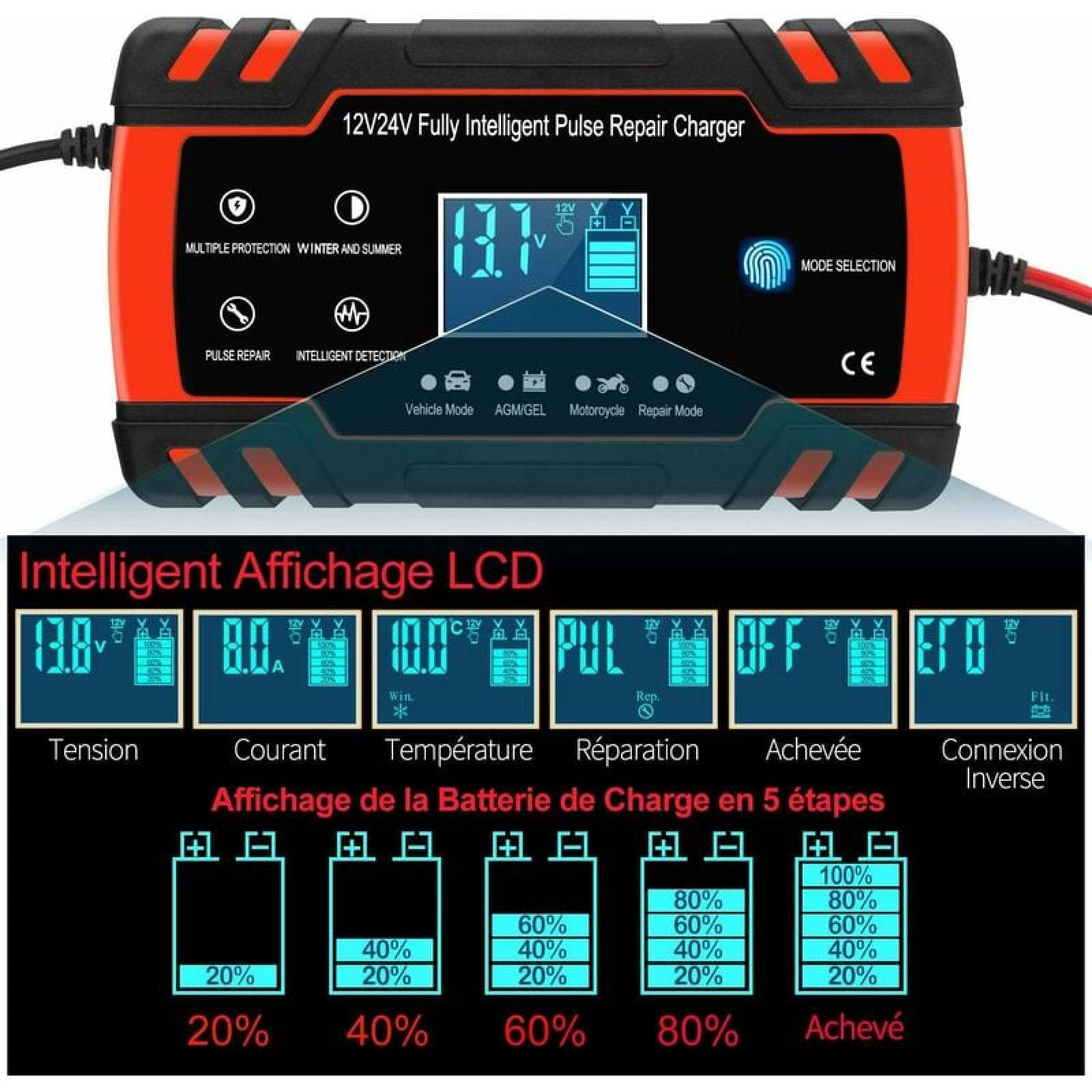 Intelligenter 12V/24V Impulsreparatur-Ladegerät mit LCD-Anzeige für Spannung, Strom, Temperatur.