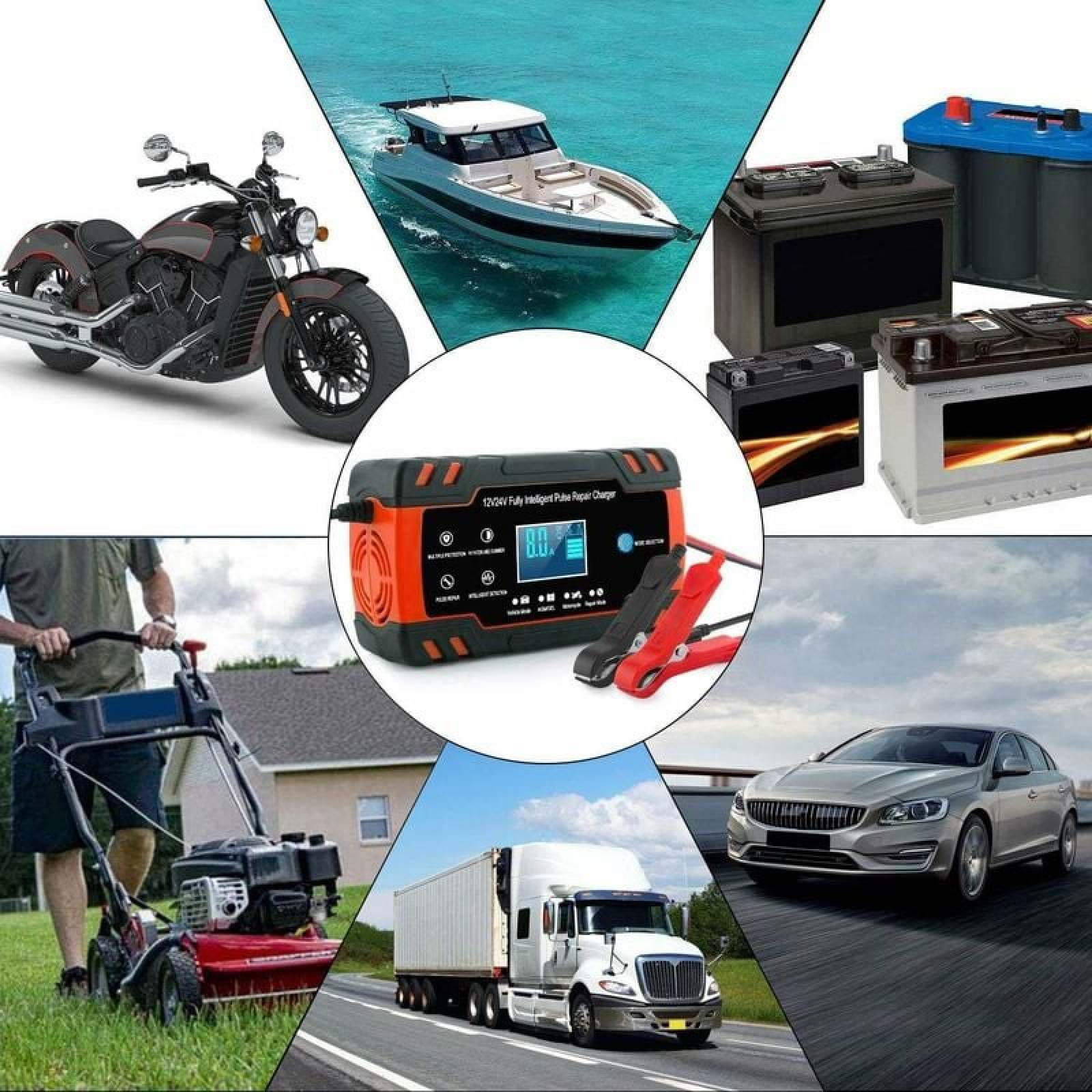 Collage aus Fahrzeugen & Batterieladegerät: Motorrad, Boot, Auto, LKW, Mäher, Batterien.