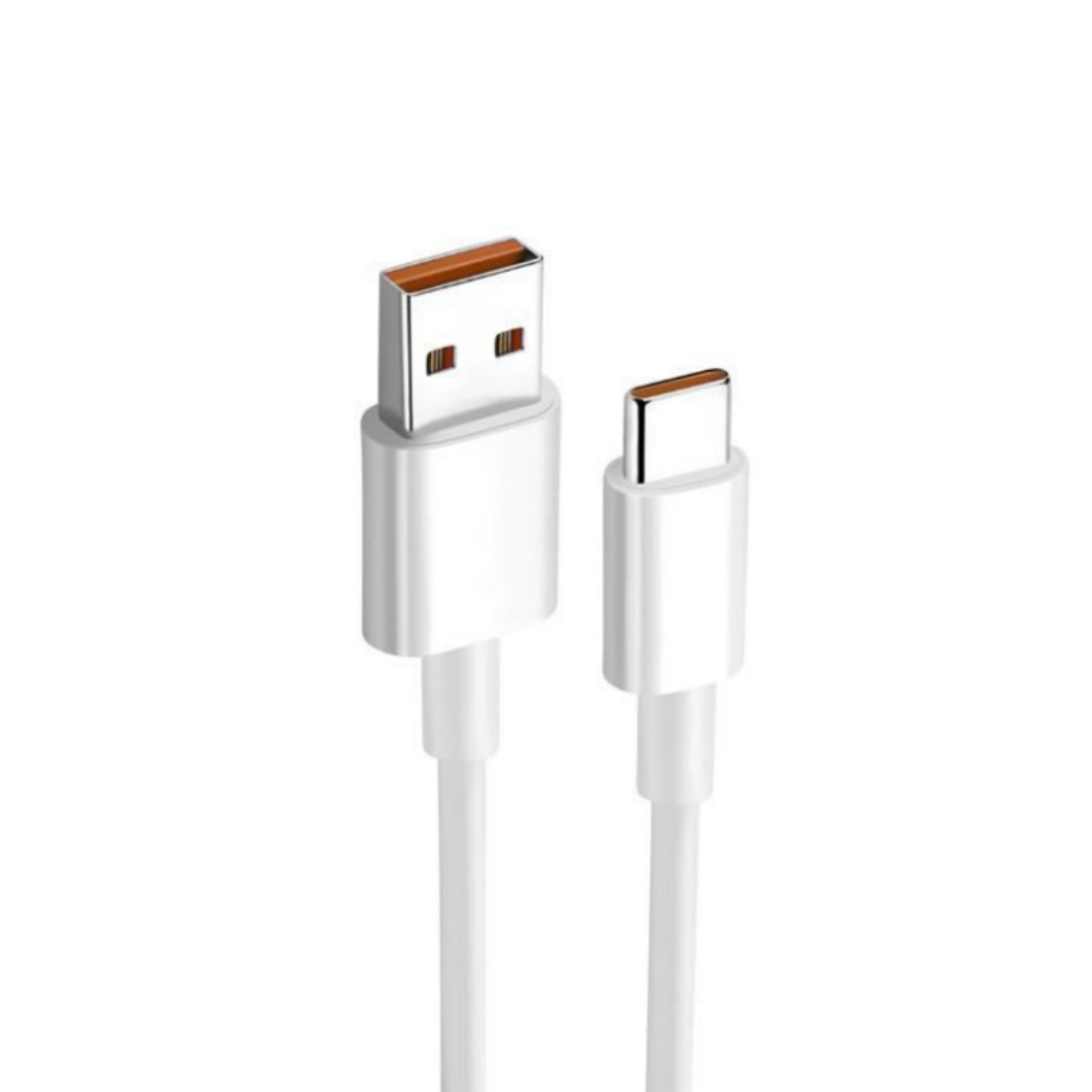 Ein weißes USB-A-zu-USB-C-Kabel mit silbernen Anschlüssen und orangefarbenen Akzenten.