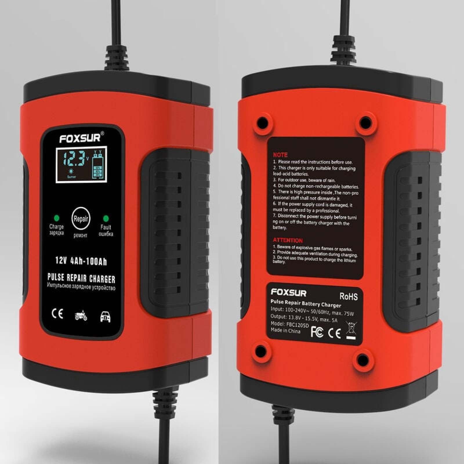 Roter und schwarzer Batterieladegerät mit Digitalanzeige und Warnhinweisen.