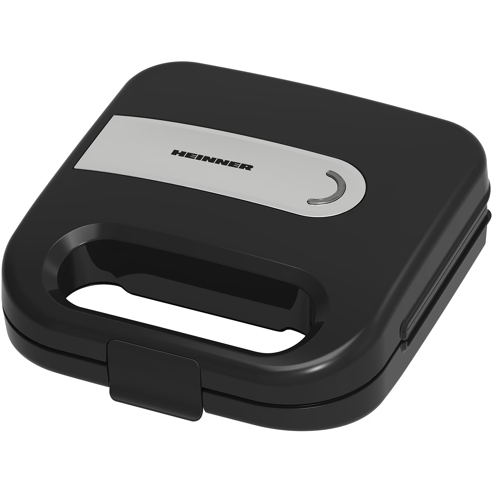 Black sandwich maker with silver Heinner logo and handle.
