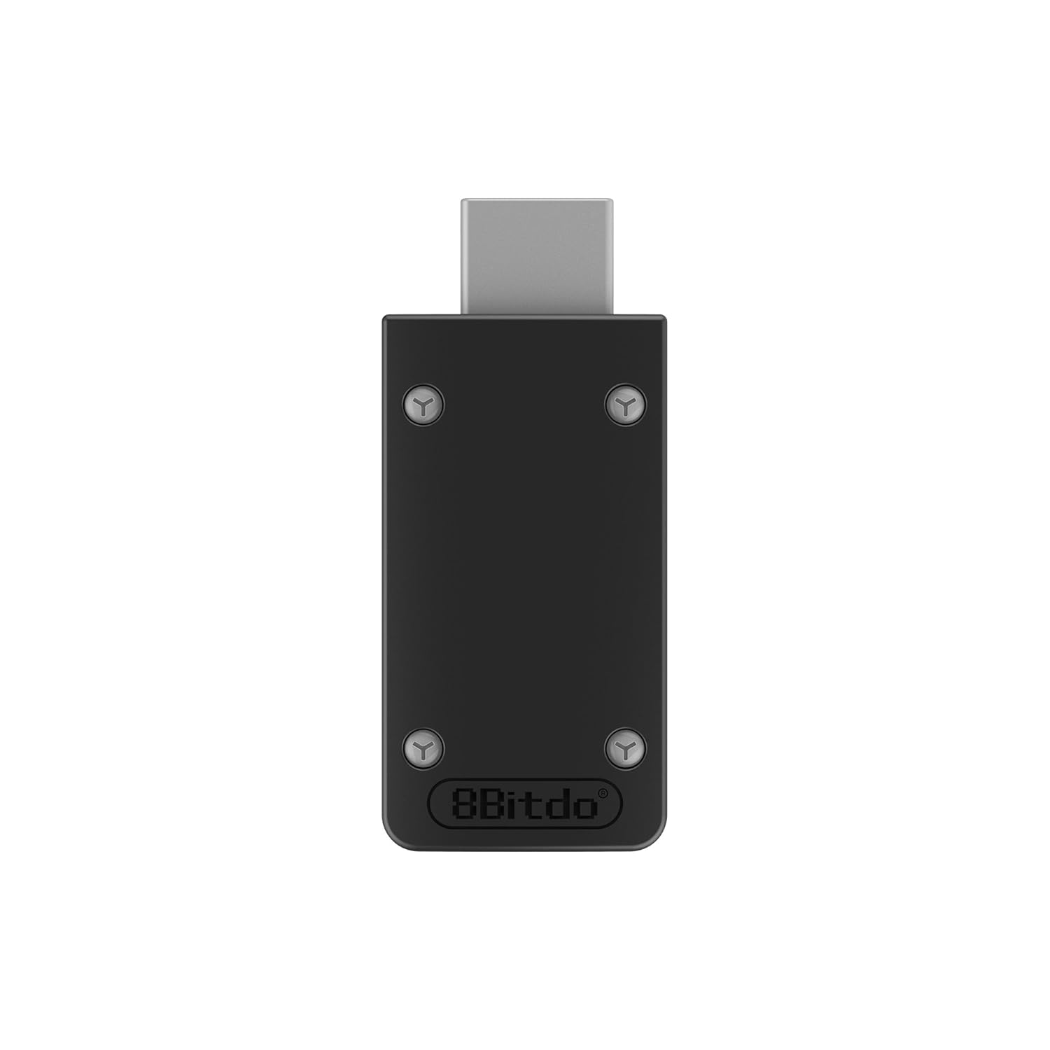 Viene mostrato un adattatore wireless 8BitDo nero con connettore USB-C argentato.